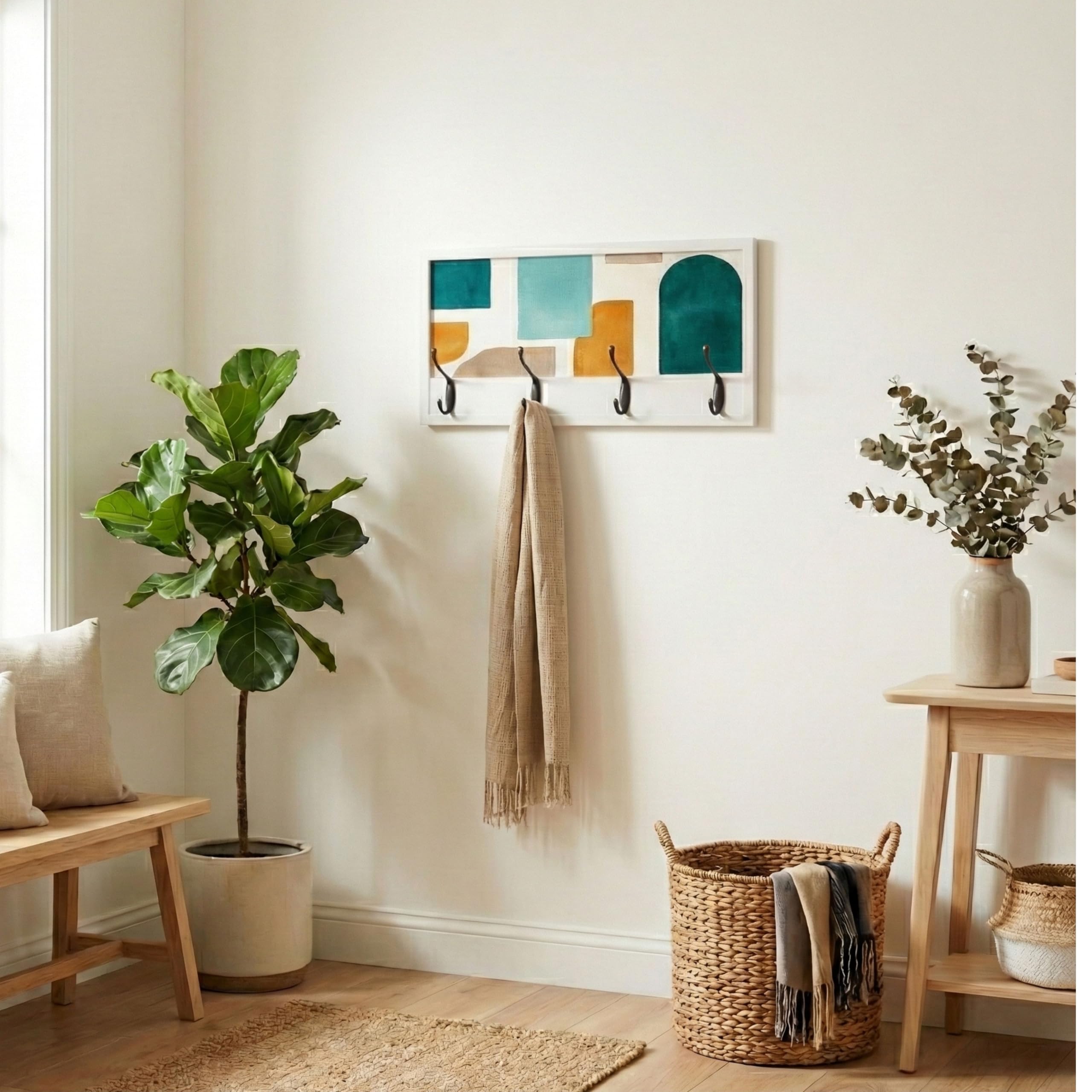 Perchero Pared Madera 52x25cm Contemporáneo Blanco 4 Ganchos | Hecho en España. 4 ganchos dobles (8 colgadores) para ropa y abrigos. Ideal para entrada, salón u oficina.