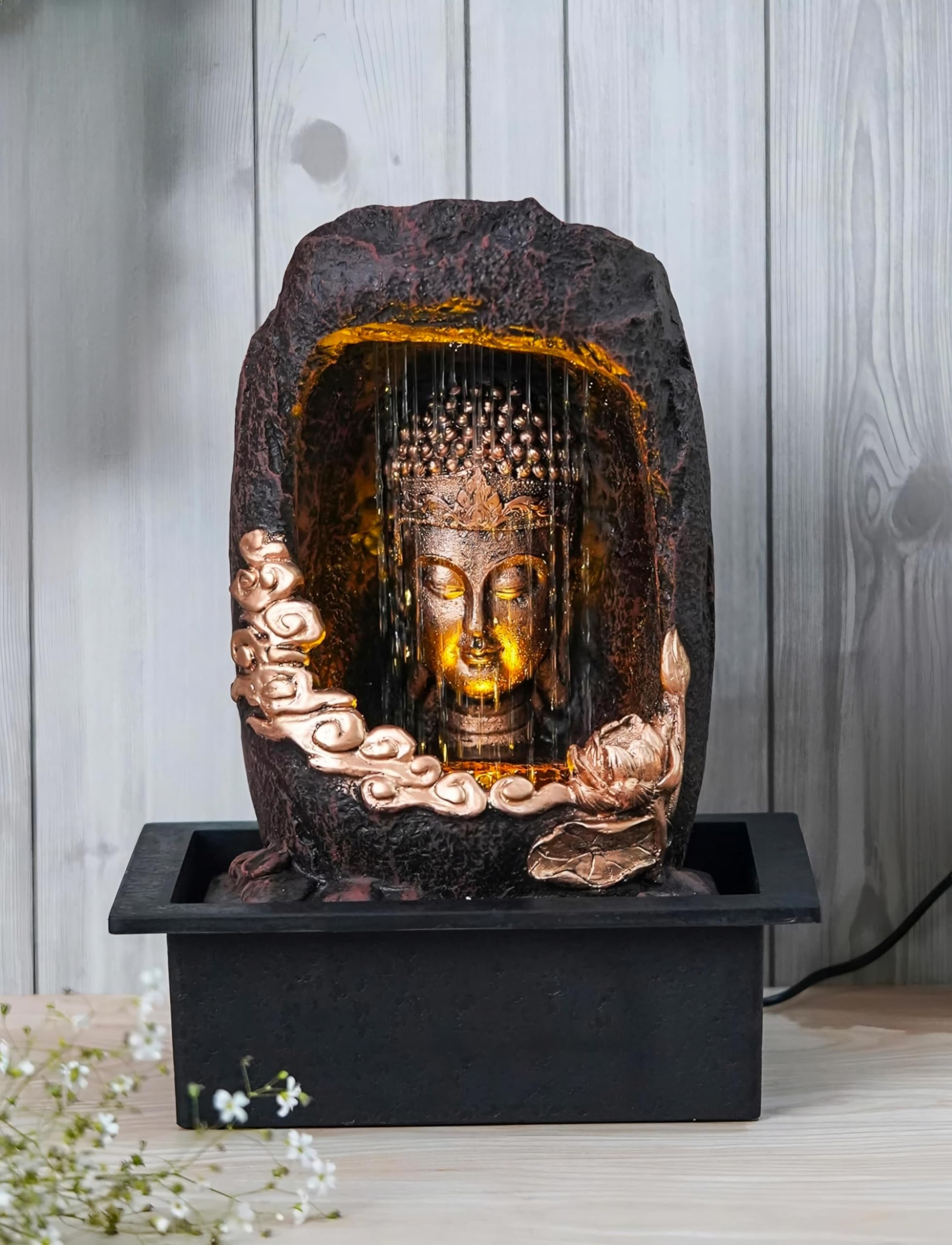 Maxxinn Polyresin Tabletop Gold Brown Meditating Buddha Sitting in Cave Style Indoor Front Curtain Water Fountain for Home Decor with LED Light, (Size: 40 x 22 x 29.5CM)-image-37