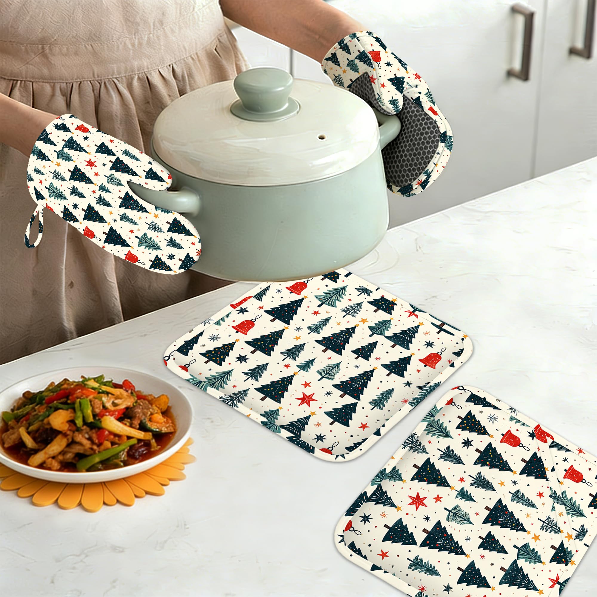 Juego de 4 manoplas de horno y soportes para ollas de pino de Navidad, guantes de cocina resistentes al calor con silicona antideslizante para hornear, cocinar, barbacoa