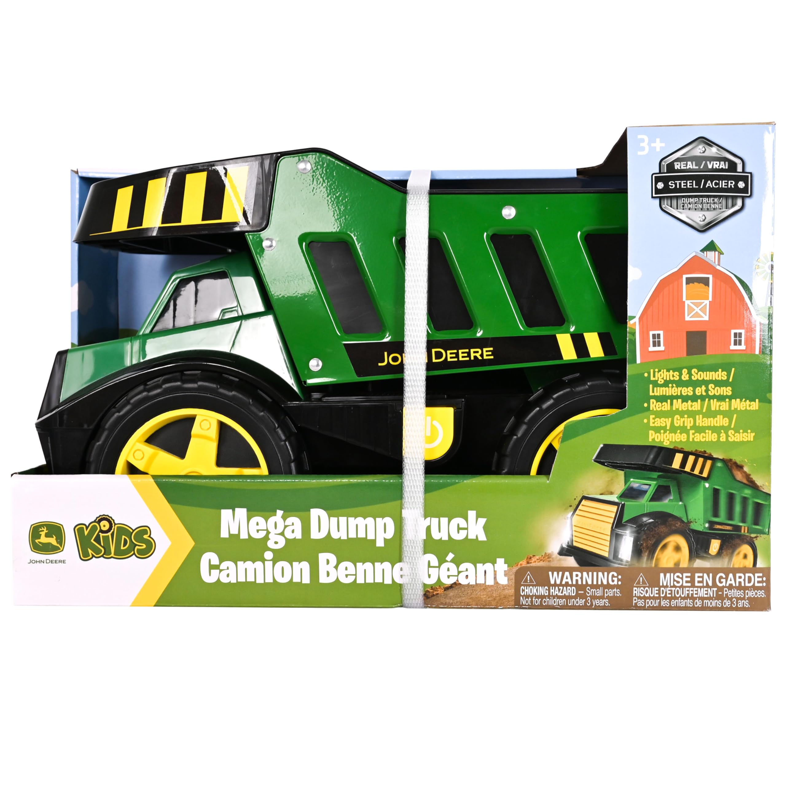 John Deere 16-calowa metalowa wywrotka, realistyczne światła i dźwięki, solidne metalowe łóżko do ciężarówek, bardzo duże koła, wytrzymała zabawka pojazdu budowlanego dla dzieci, a