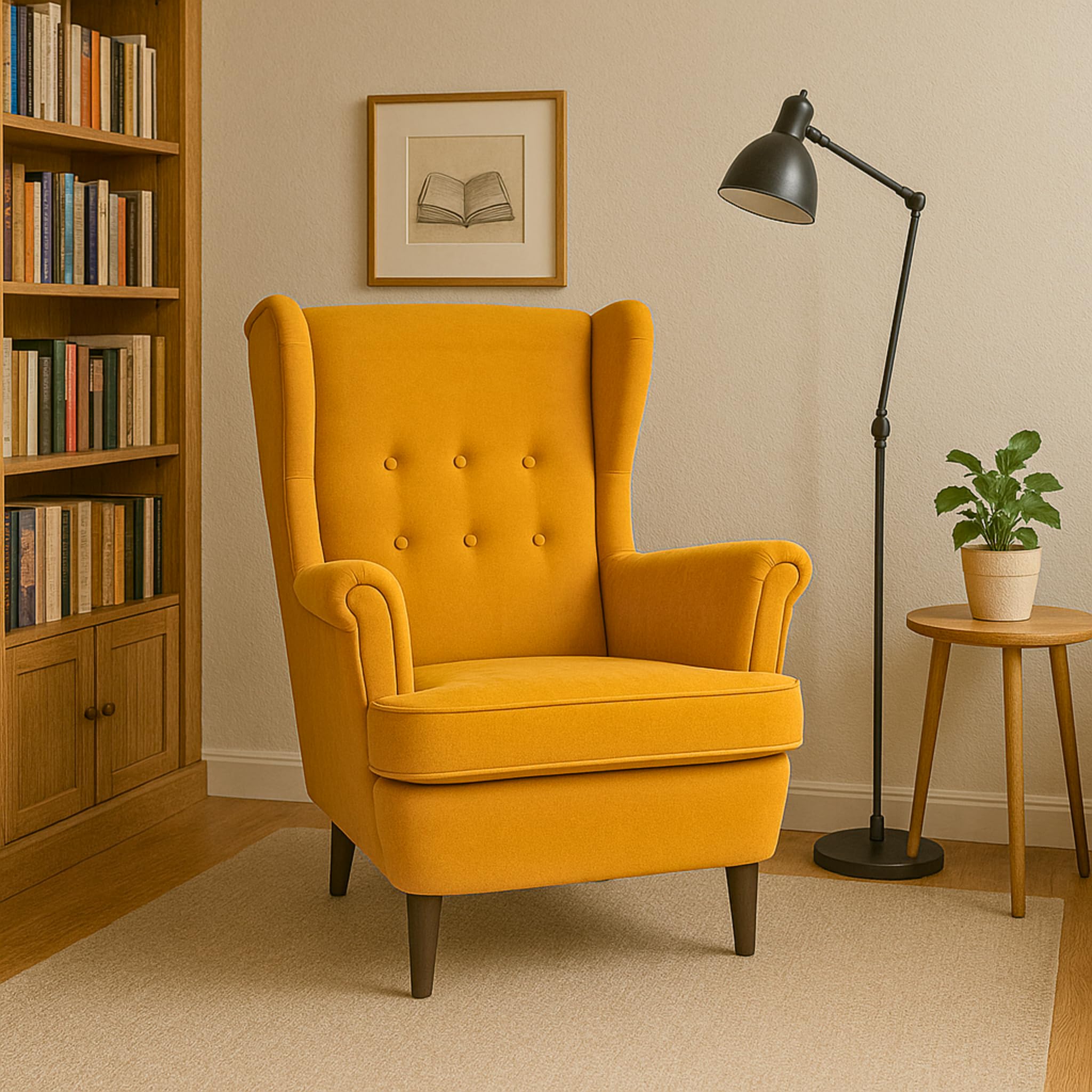Topsit Ohrensessel Samt – Bequemer Relaxsessel im Landhaus-Stil mit Holzfüßen, Retro Polstersessel für Wohnzimmer & Leseecke, Elegant & Ergonomisch (Senfgelb)