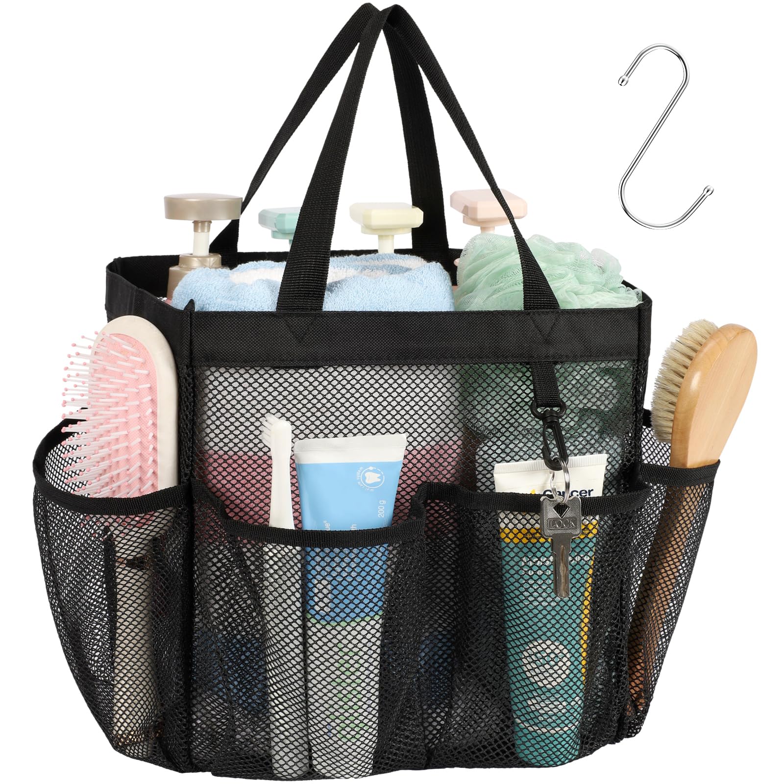 F-color Mesh Shower Caddy Portable, Upgrade Deeper 7 Pockets Shower Bag Basket Tote for College Dorm Room Toiletry Bathroom Essentials Gym Camp Quick Dry 2 handles with S Hook, Black