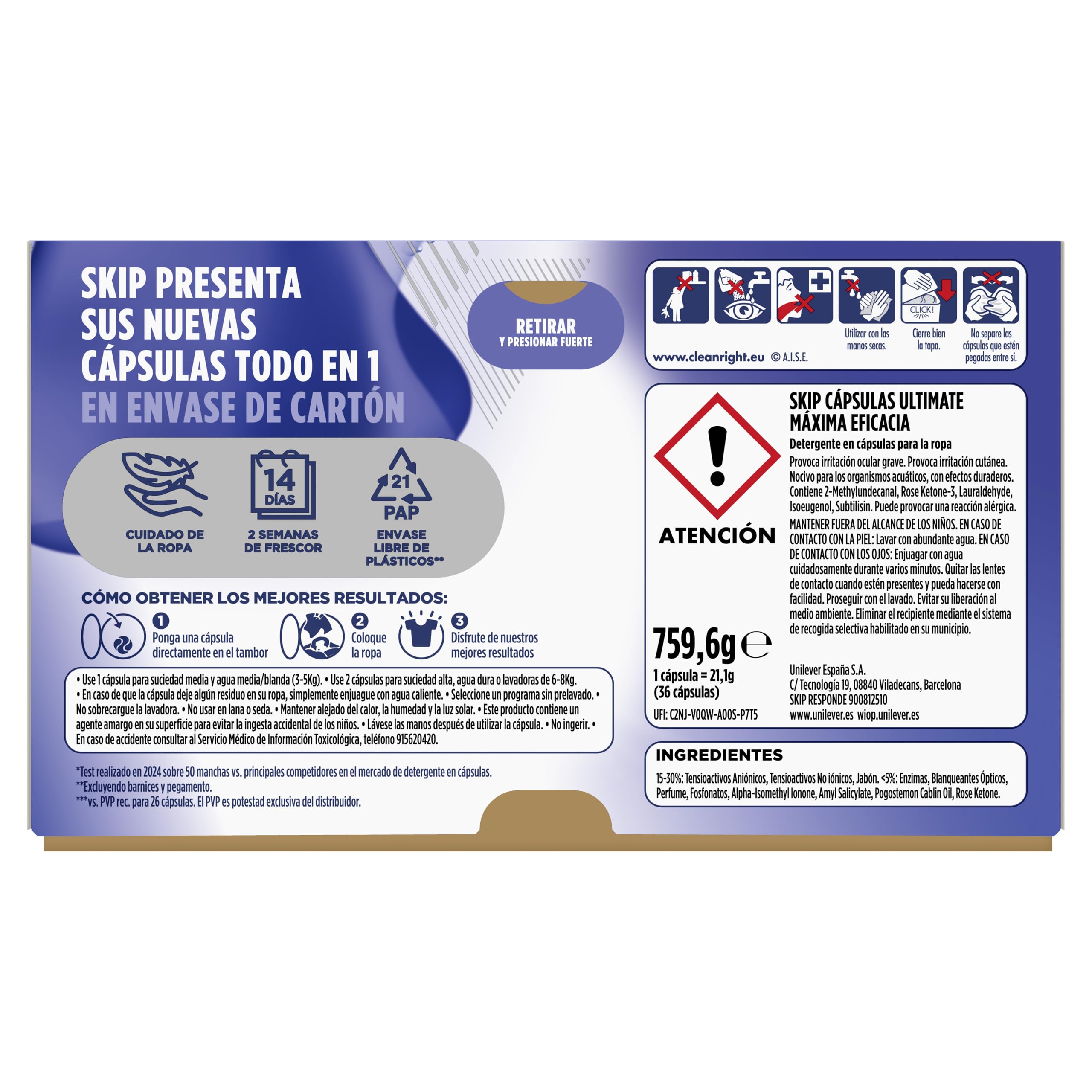 Skip Ultimate Detergente en Cápsulas para la ropa Máxima Eficacia, 3 x 36 lavados