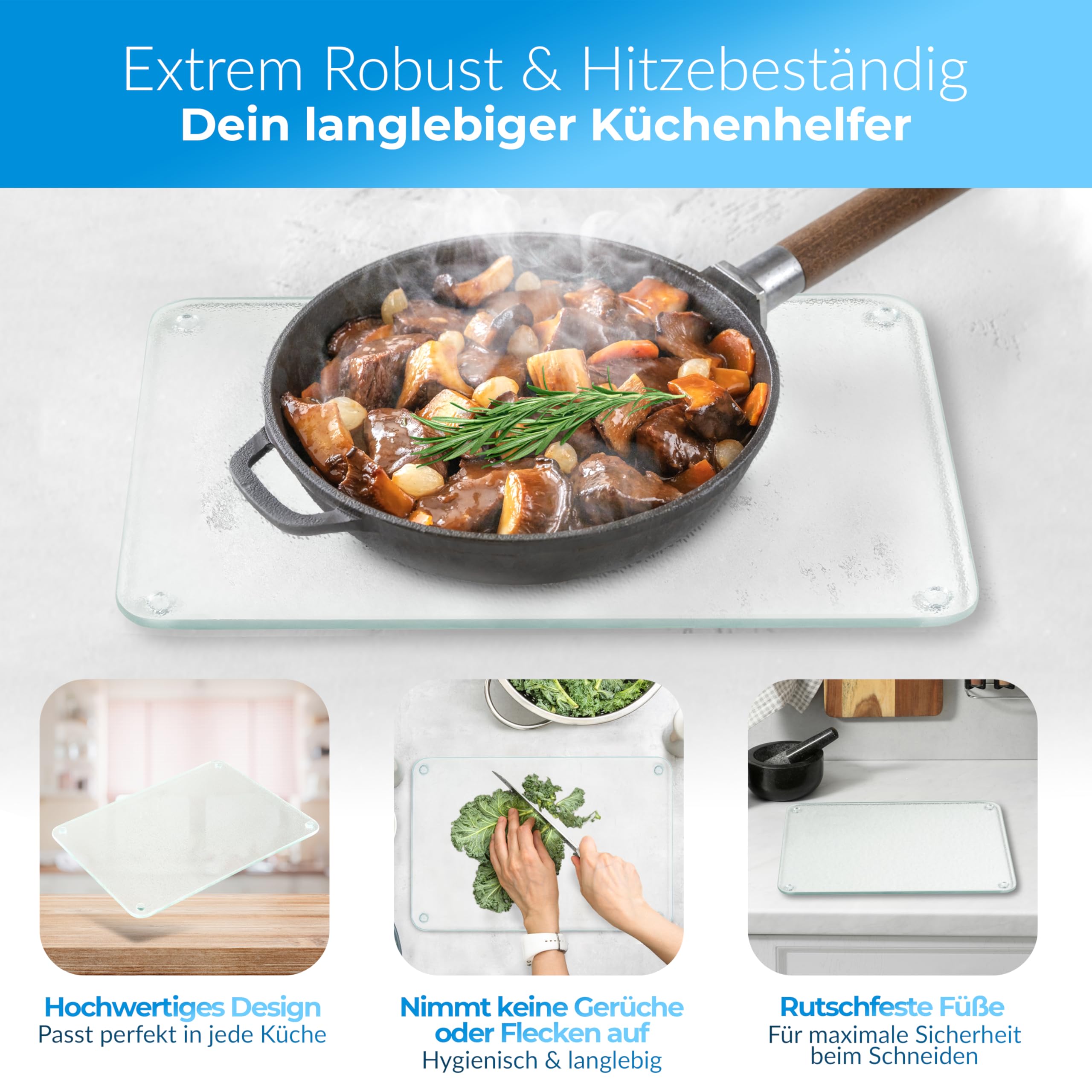 getgastro 4-er Set Schneidebrett Glas 50x40, Rutschfest mit Füße
