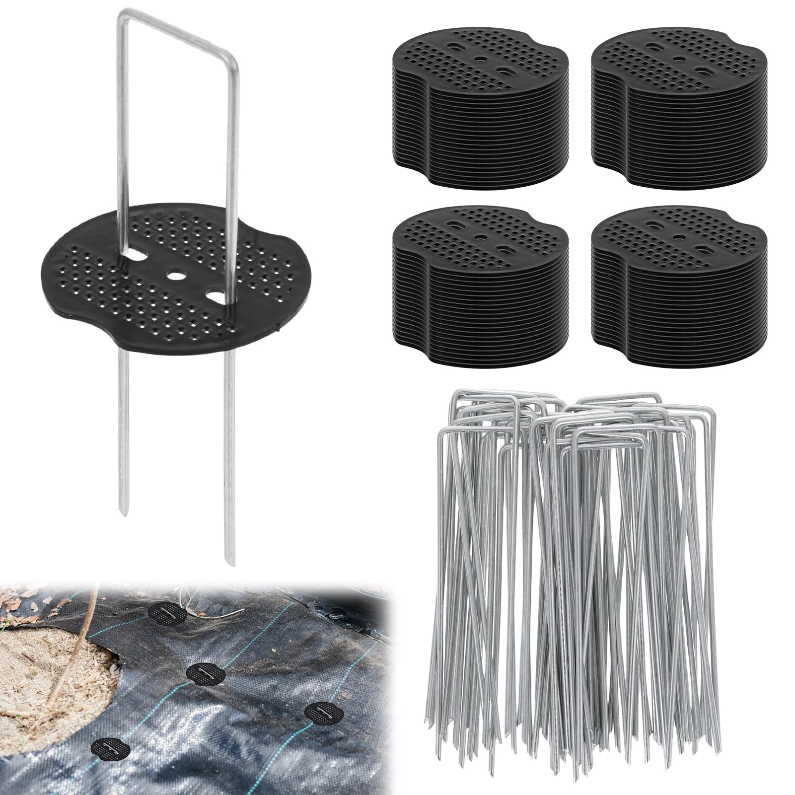 250 Packs Garden Stakes Staples 6 inch Landscape Fabric Pins Lawn 150Pcs U Shaped Galvanized Staples Ground Stakes Landscaping Pins and Plastic Fixing Gasket for Irrigation Hoses Plant Cover