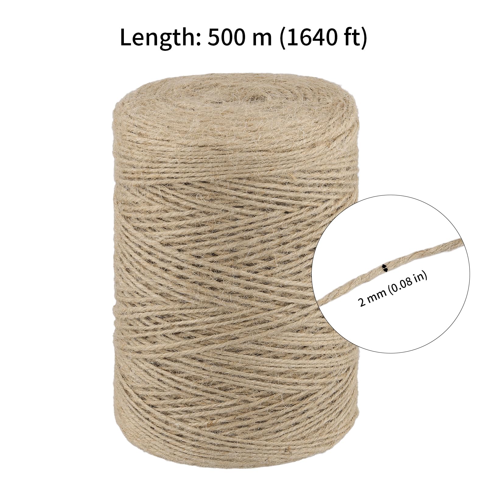 Juego de 3 Cuerdas de Yute Natural de 2 mm x 500 m, Hilo de Yute para Manualidades, Jardinería, Decoración y Bricolaje
