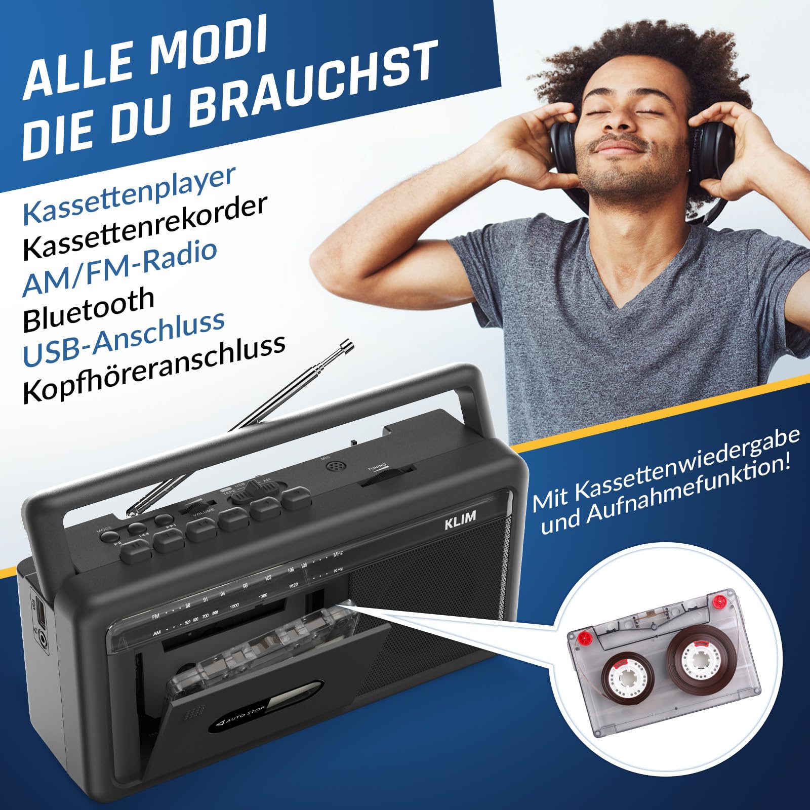 KLIM Tragbare Kassettenspieler Boombox, AM/FM Radio, Bluetooth Radio, Cassette Player & Kassettenrecorder, USB, Lautsprecher, Kopfhöreranschluss, Batteriebetrieb & Netzbetrieb - Schwarz