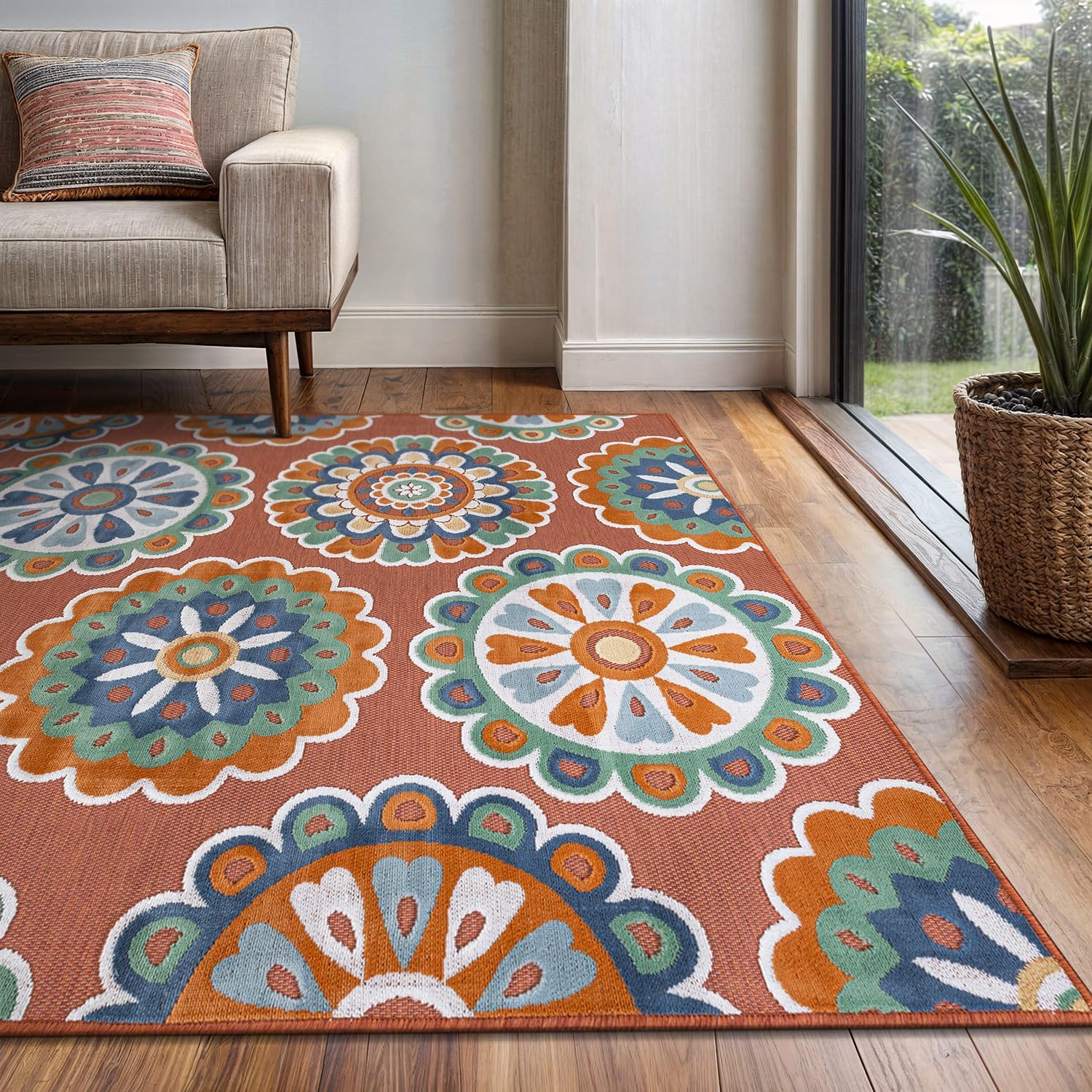 Outdoor Rug 5x7 Washable Area Rugs Indoor Outdoor Carpets Orange Bohemian Medallion Non Shedding Waterproof Easy Clean Patio Deck Porch Living Room Bedroom Garden RV (5 X 7 Orange)