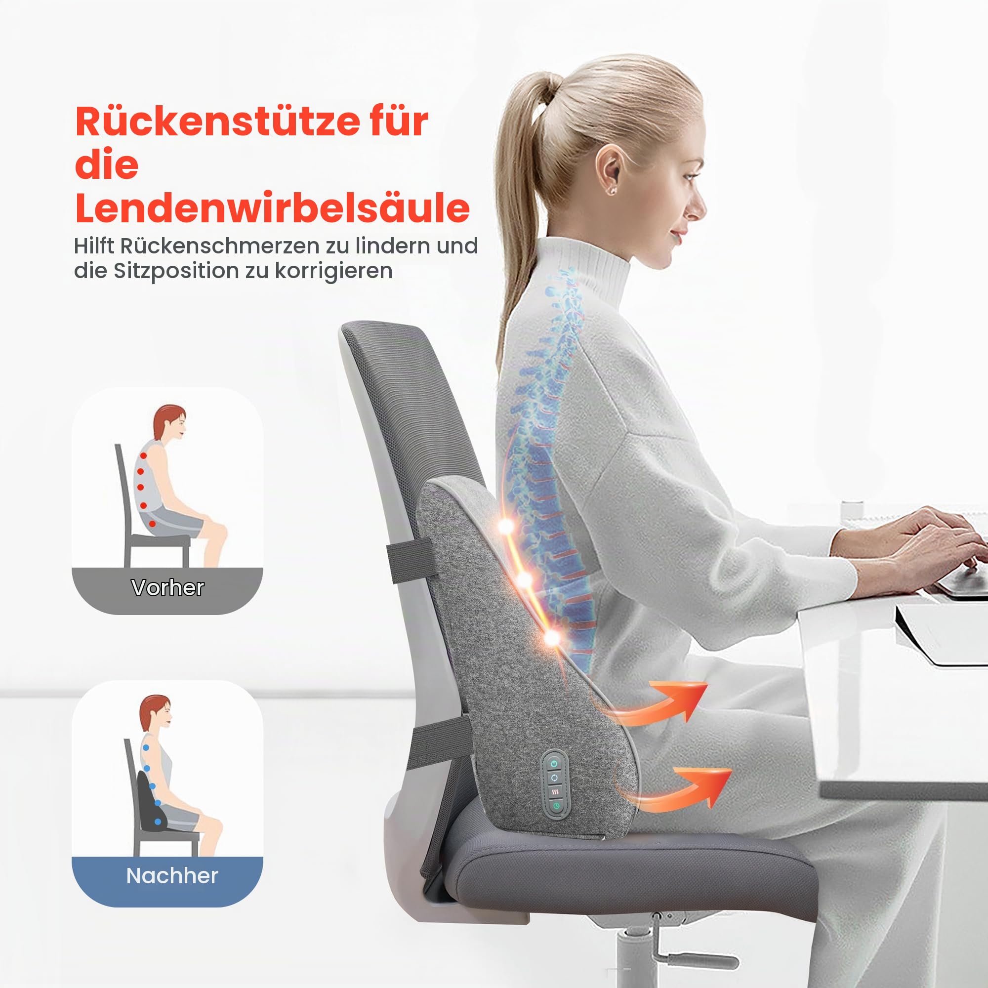 COMFIER Rückenmassagegerät mit Memory Foam, Shiatsu Massagekissen für Bürostuhl, 2 Heizstufen zur Muskelentspannung, für zu Hause & Büro,Ergonomisches Rückenkissen,Lendenwirbelkissen