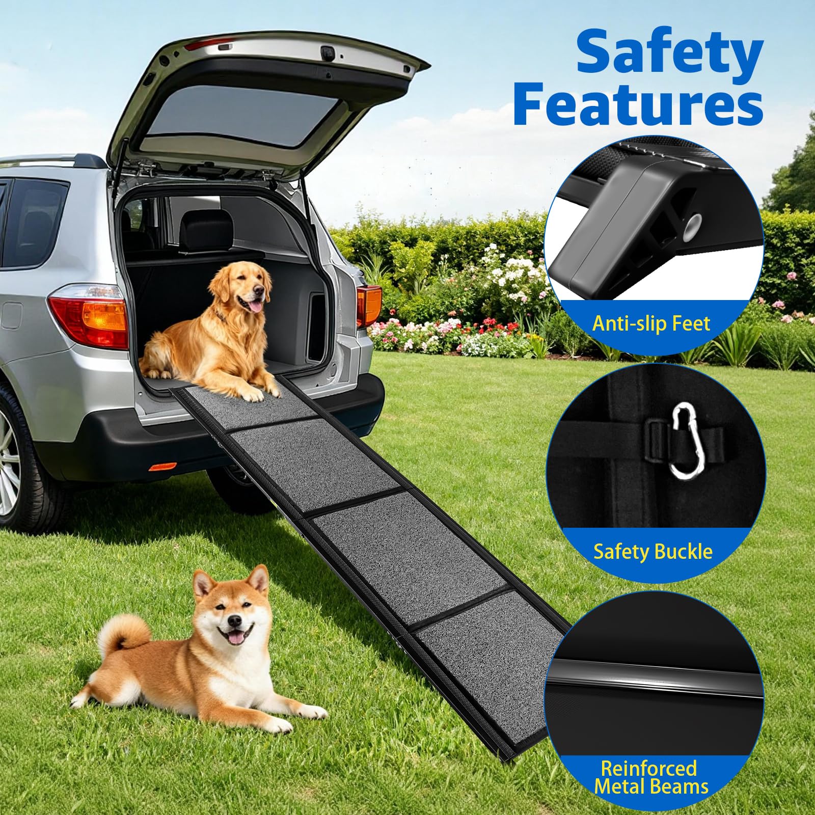 Dog Ramp for Car, Foldable Dog Ramps with Non-Slip Rug Surface Dog Car Ramp for SUV Car & Truck, Portable Dog Ramp Up to 200LBS (71" L x 20" W) - image 3