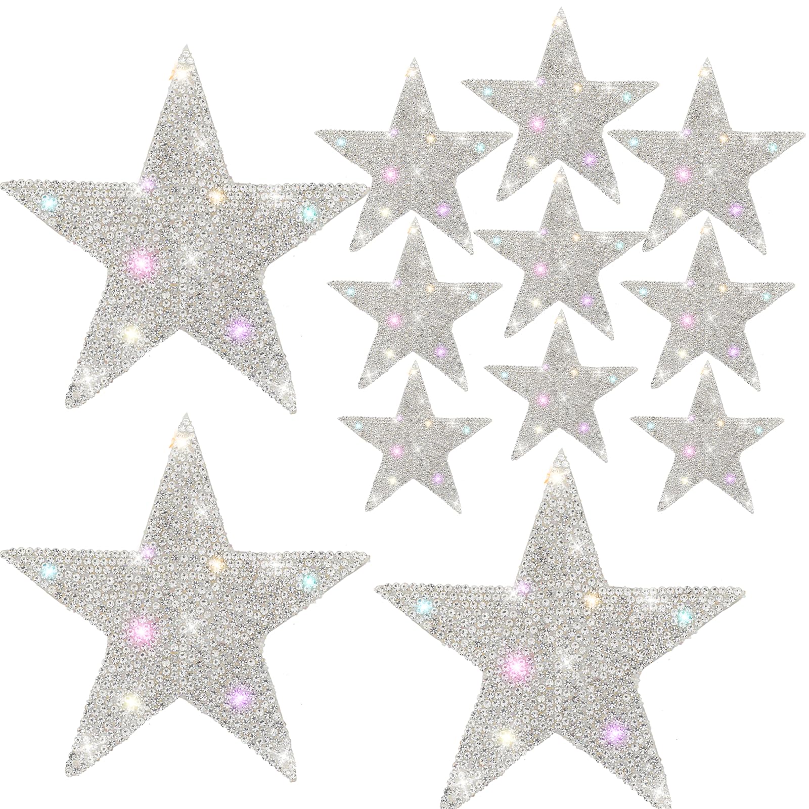 12 Pack Silver Star Car Stickers - Sparkle Bling Rhinestone Crystal Decal Self-Adhesive Auto Stickers for Bumper, Laptops, Luggage, Window (4 Sizes)