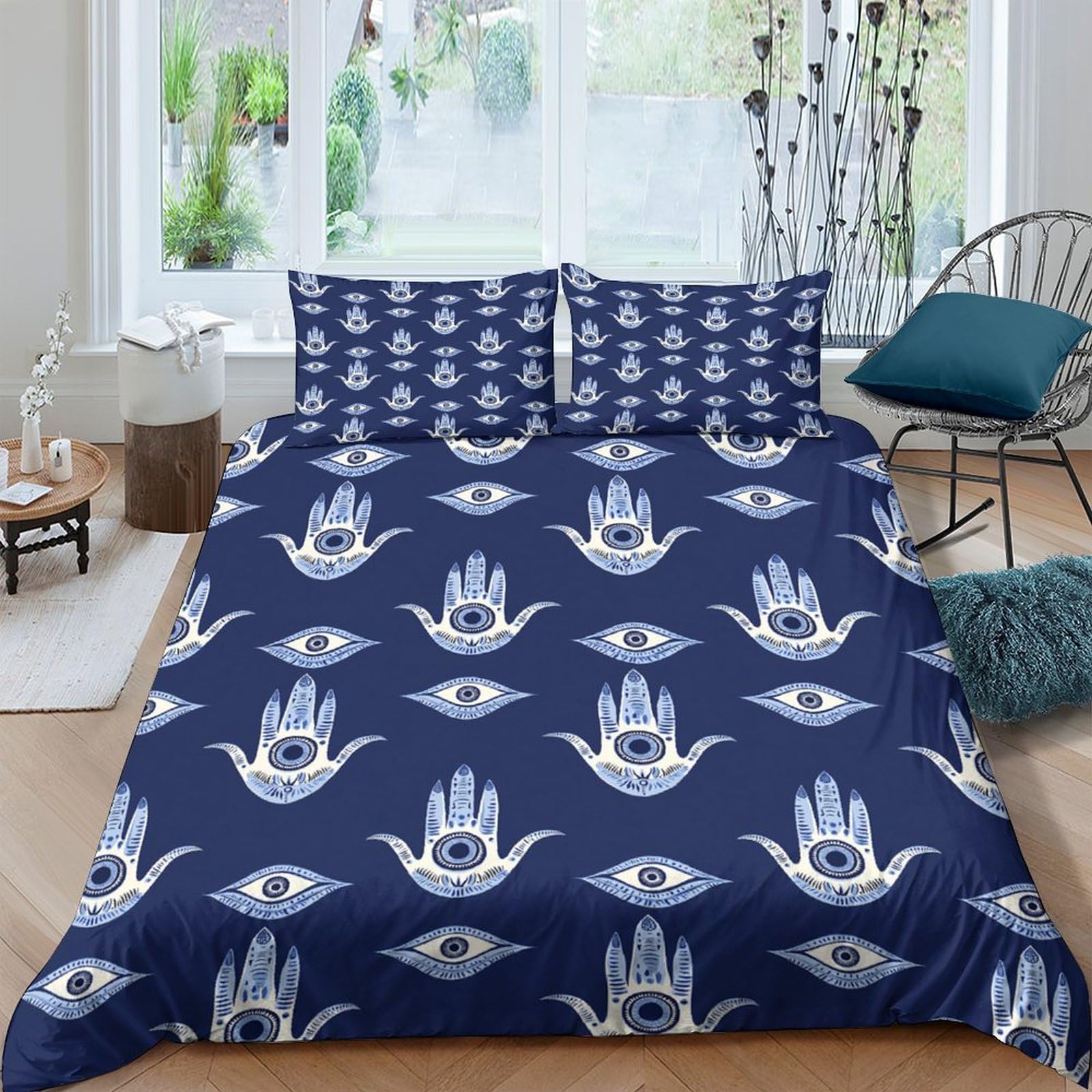 Ctjqhvkz Style-2 3D Printed Hamsa Hand Fitted Sheet Microfiber Navy Blue Evil Eye Mattress Cover Bedroom Dorm Decor Single（135X200cm）