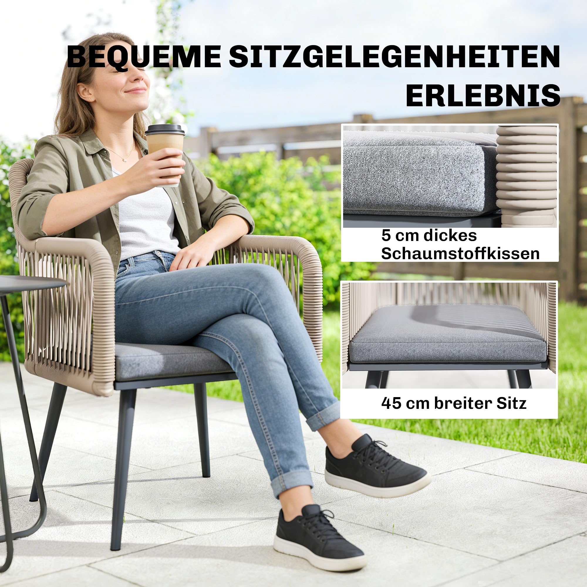 Outsunny Gartenstuhl 2er Set wetterfest Gartenstühle mit Armlehne Sitzkissen Metallrahmen Terrassenstuhl bis 120 kg belastbar Gartenmöbel für Hinterhof Garten Balkon Hellgrau