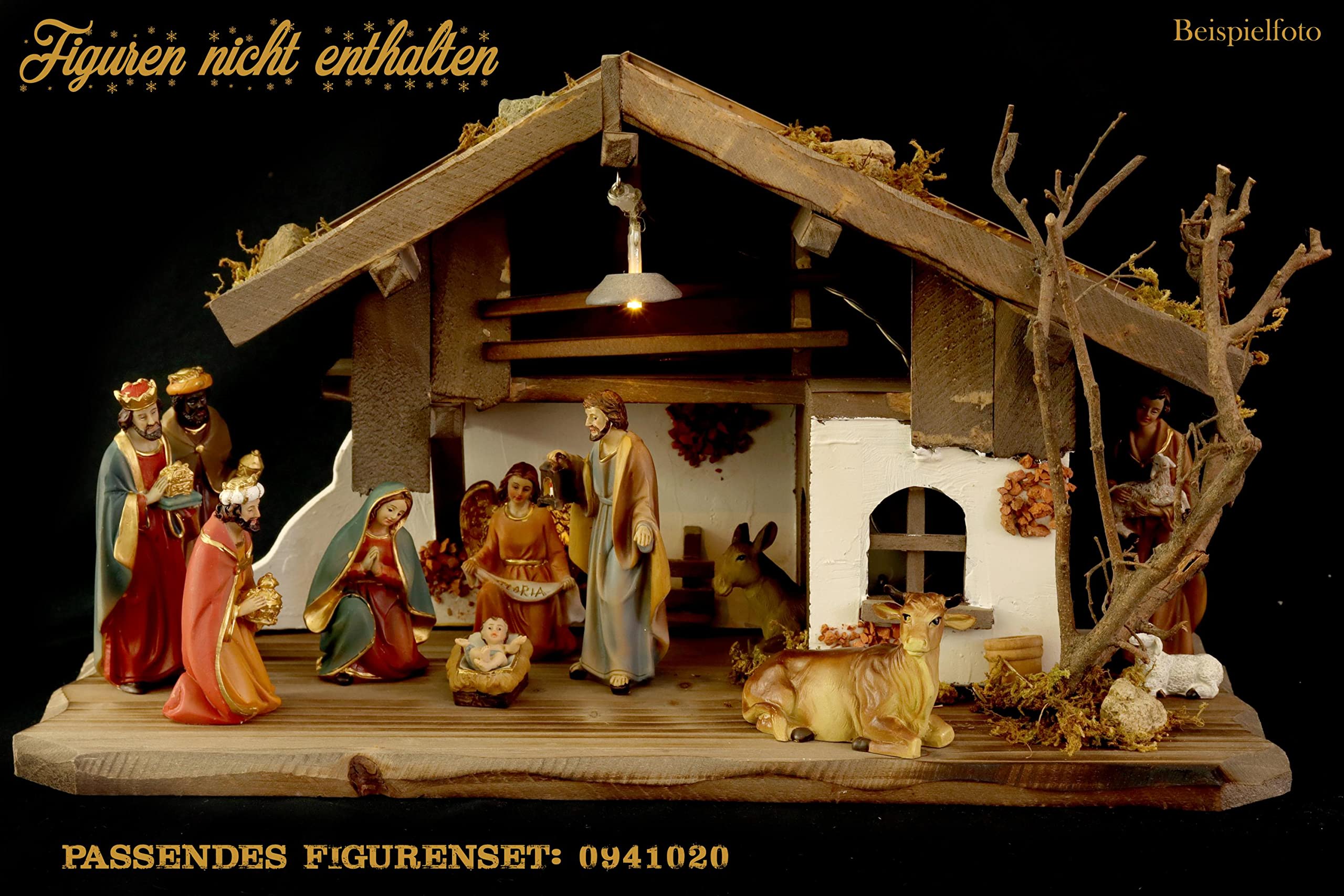 ELLUG Holz Krippenstall, Weihnachtskrippe mit Licht 38 * 18 * 21cm (OHNE Krippenfiguren) aus Holz, für Figuren bis 10cm Höhe