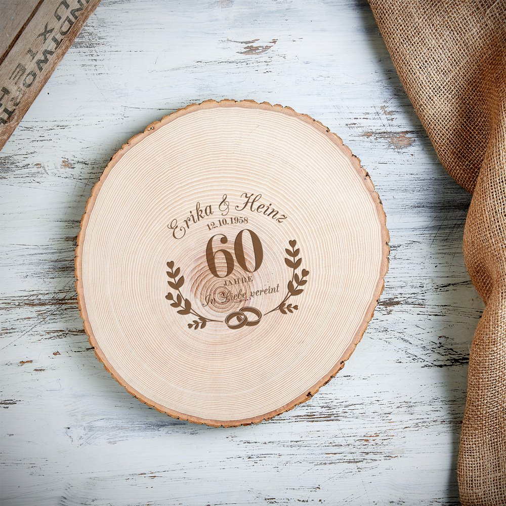 Casa Vivente Große Baumscheibe mit Gravur zur Diamant-Hochzeit Personalisiert mit Namen und Datum, In Liebe Vereint, Wand-Deko, Türschild, Gästebuch, Geschenkidee für Paare zum 60. Hochzeitstag
