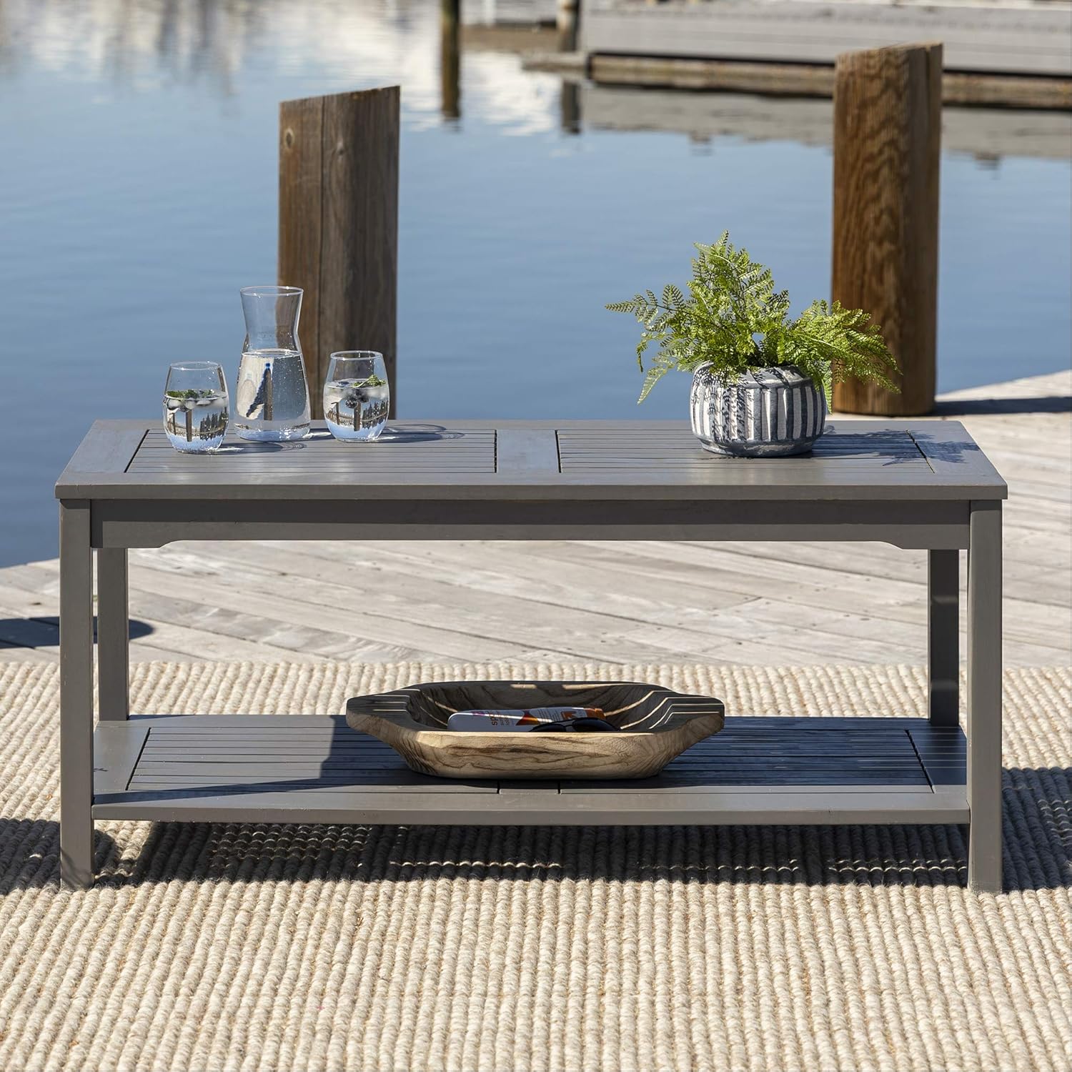 Walker Edison Anguilla Modern Acacia Wood 2 Tier Slatted Outdoor Coffee Table, 47 Inch, Grey Wash : Patio, Lawn & Garden
