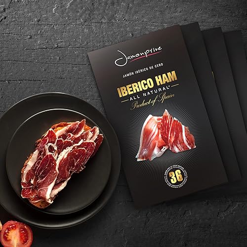 Miniatura 5 de Jamón ibérico español en rodajas (4 onzas) Jamonprive  Jamón español ibérico alimentado con pasto (Pata Negra) sin nitratos ni nitritos, todo