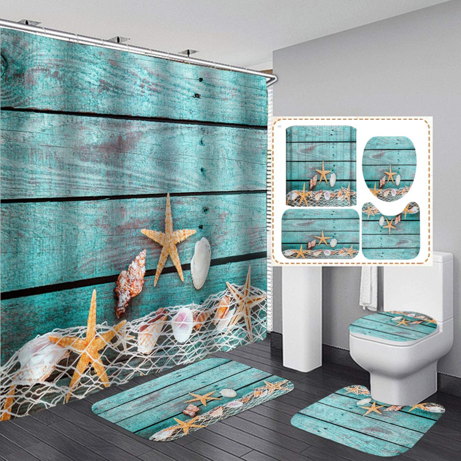 TAMOC Ensemble De 4 Rideaux De Douche De Plage Avec Tapis Antidérapant, Housse D'abattant De Toilette Et Tapis De Bain, Rideau De Douche Avec 12