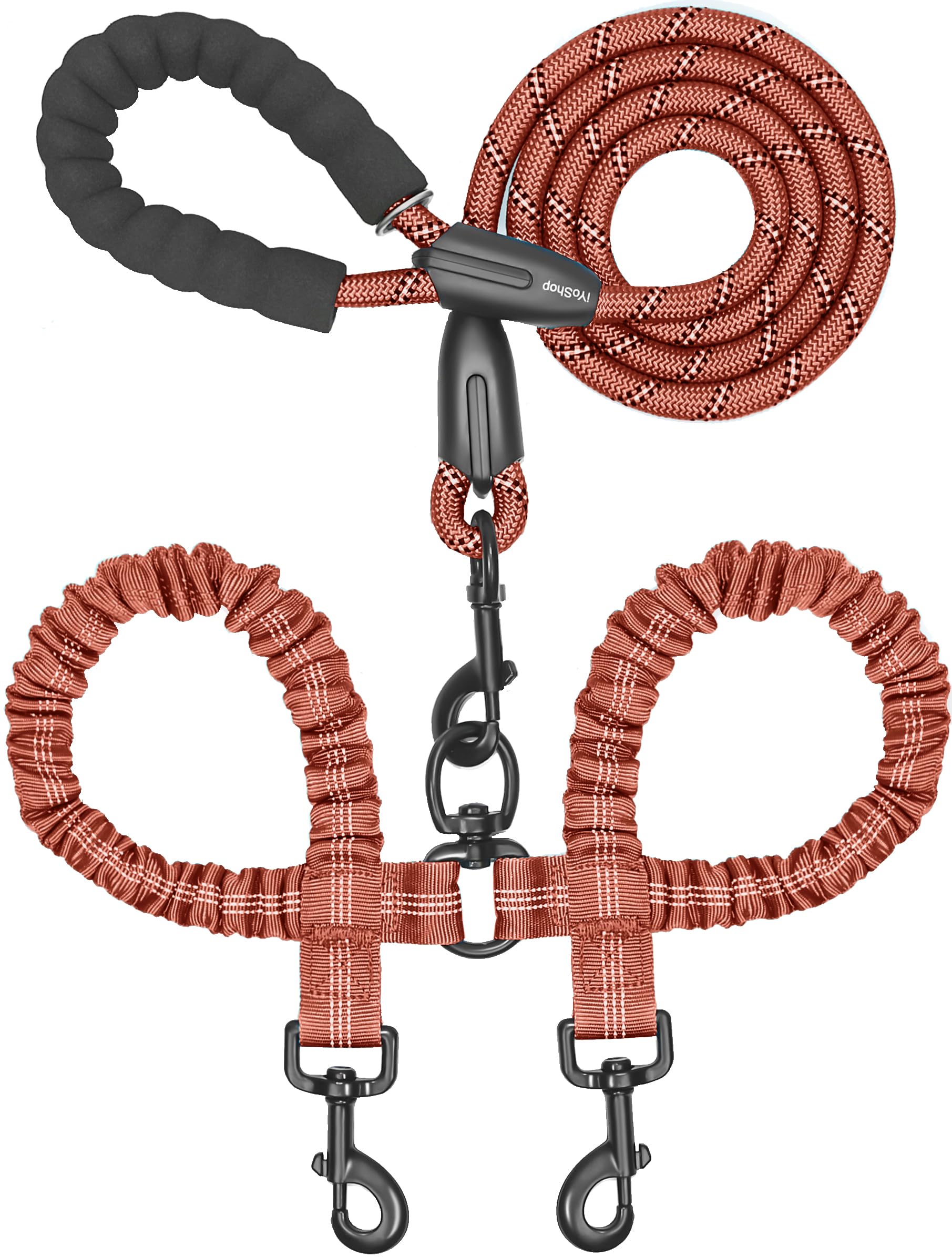 iYoShop Double Dog Leash, 360° Swivel, No Tangle, Large, 25-150 lbs, Brown