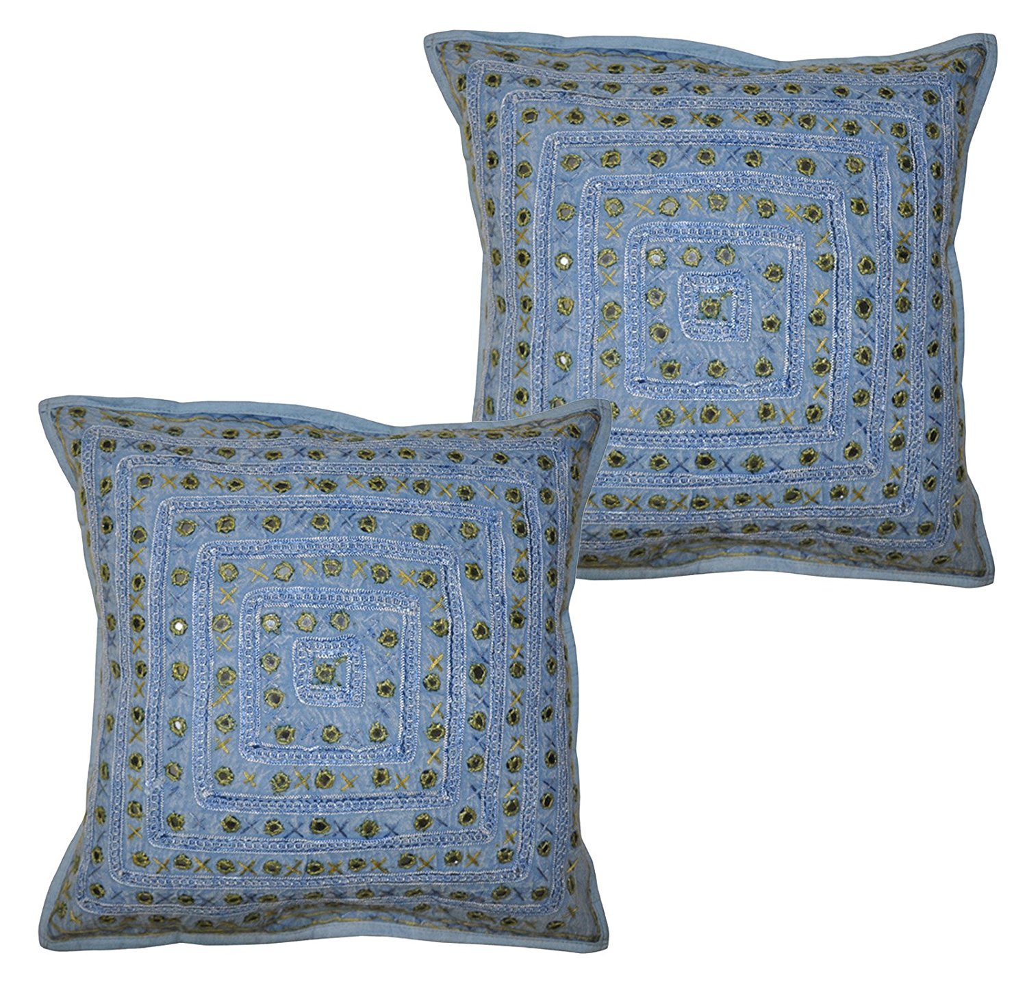 2 Pcs Set Bordado Indio Sari Throw Almohada Toss Algodón Funda Para Cojín Funda Tradicional Espejo Trabajo Manta Funda De Almohada 16 X 16 Inch (Multi