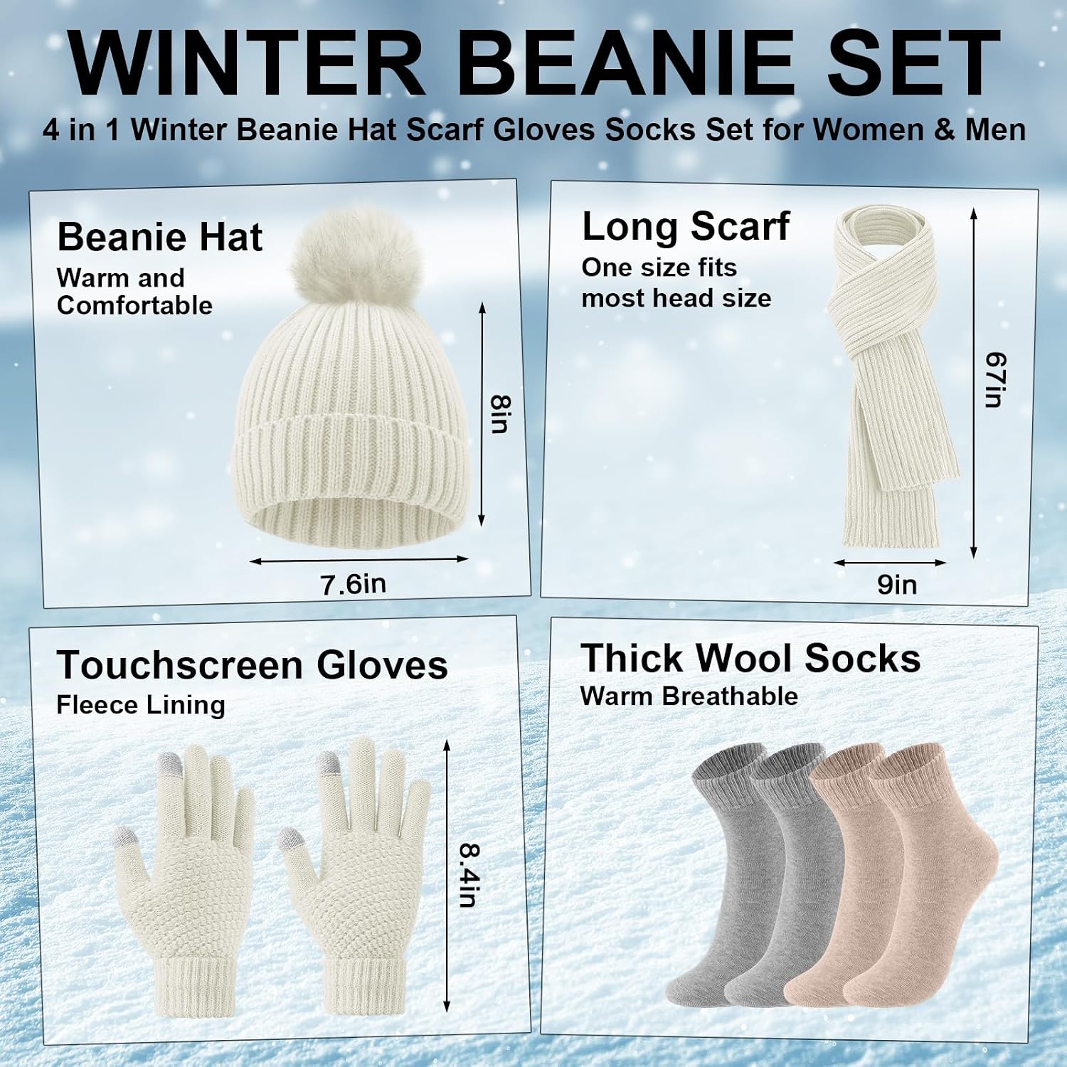 SATINIOR 5 Pcs Winter Beanie Hat Scarf Gloves Socks Set image 2