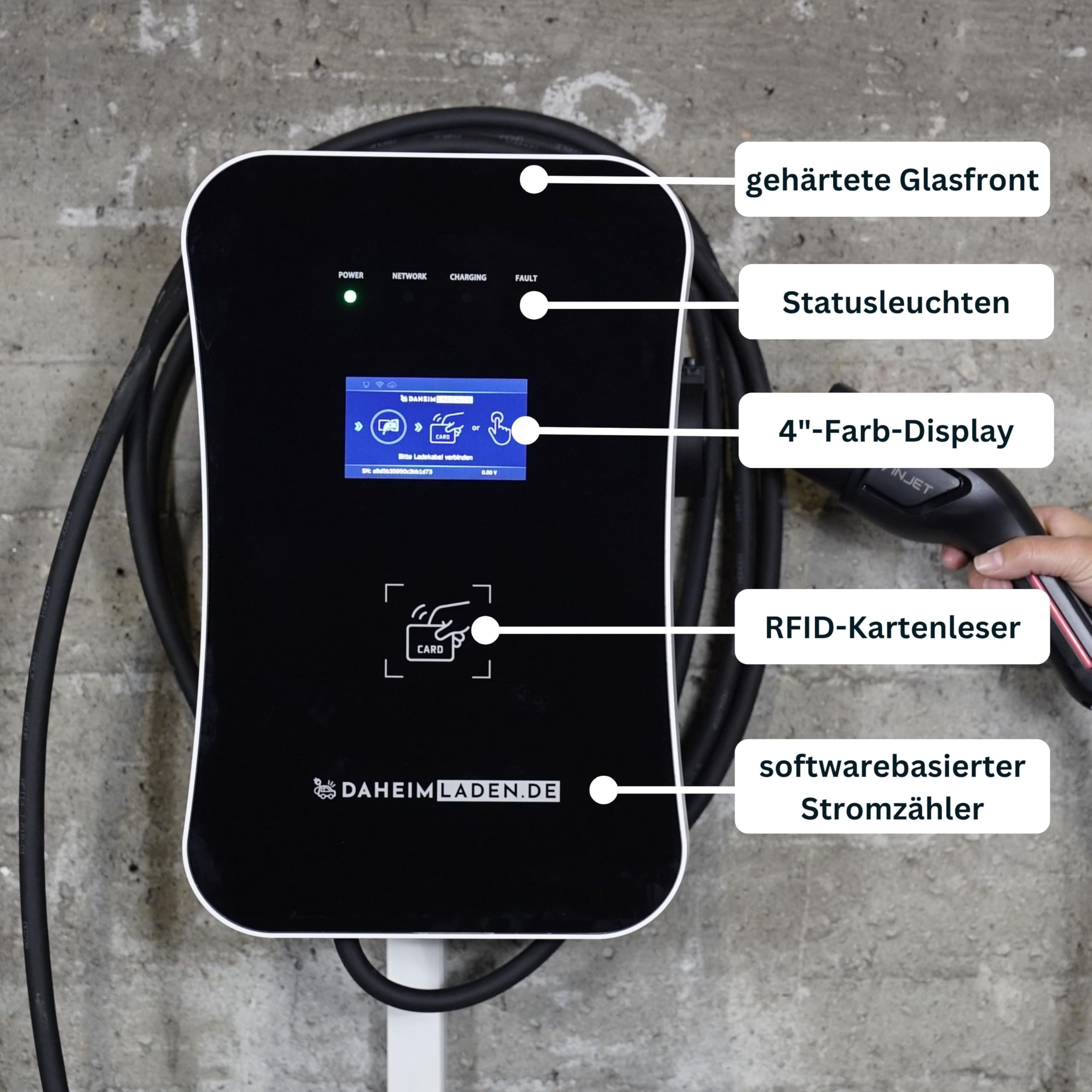 DAHEIM LADEN.DE Smart PRO Wallbox 11kW mit 5m Ladekabel, mit App, PV-Überschussladen, Lastmanagement, RFID, 14a
