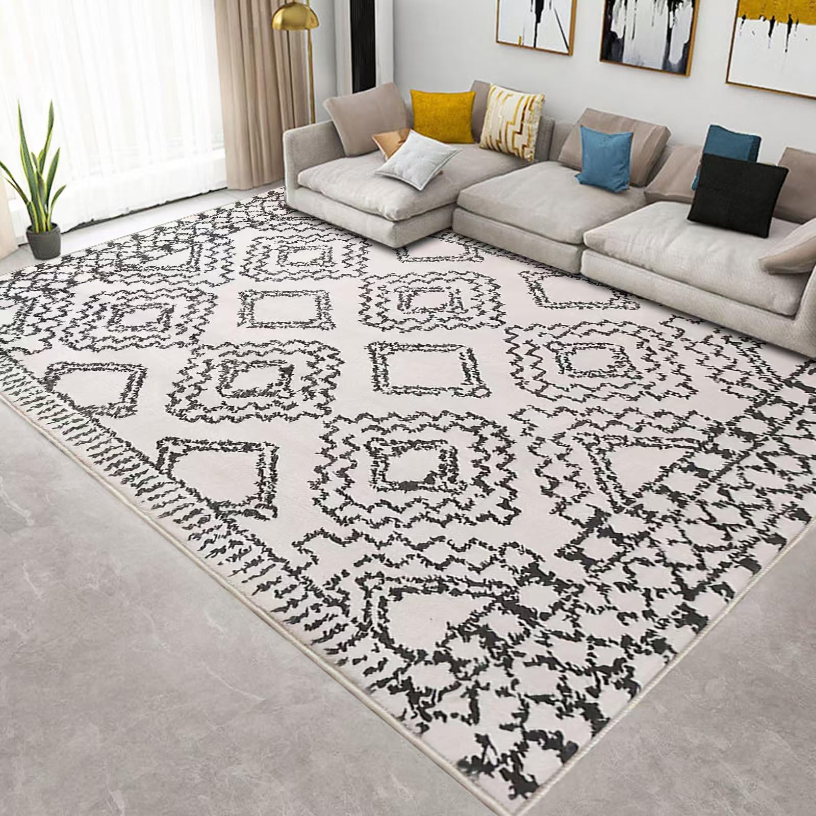 Leesentec Tappeti Salotto Tappeto Moderno in Stile Astratto Tappeti Pelo Corto per Camera da Letto Tappeto grande Ampio Tappeto Antiscivolo Tappeto Morbido beige (Avorio/Nero, 200 * 250cm)