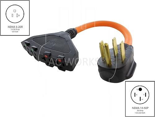 Miniatura 2 de AC WORKS Cable adaptador hembra doméstico de 4 clavijas de 220 voltios a 120 voltios 1520 amperios (4 clavijas 14-50 salidas a (4) hogares)
