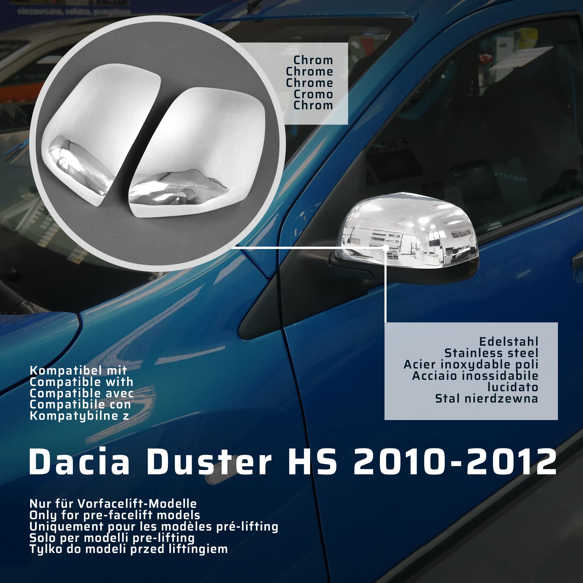 CHROMEMASTER | Nakładki na Lusterka Zewnętrzne | Kompatybilne z Dacia Duster HS 2010-2012 | Stal nierdzewna; Osłony Lusterek to Niepowtarzalny Wygląd Auta i Ochrona Przed Uszkodzeniem