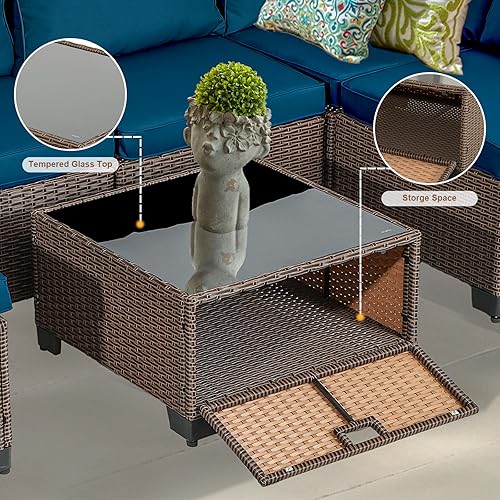 Miniatura 5 de LEISU Juego de muebles de patio al aire libre de 7 piezas juego de sofá modular de ratán de polietileno marrón con 5 asientos acolchados y mesa de