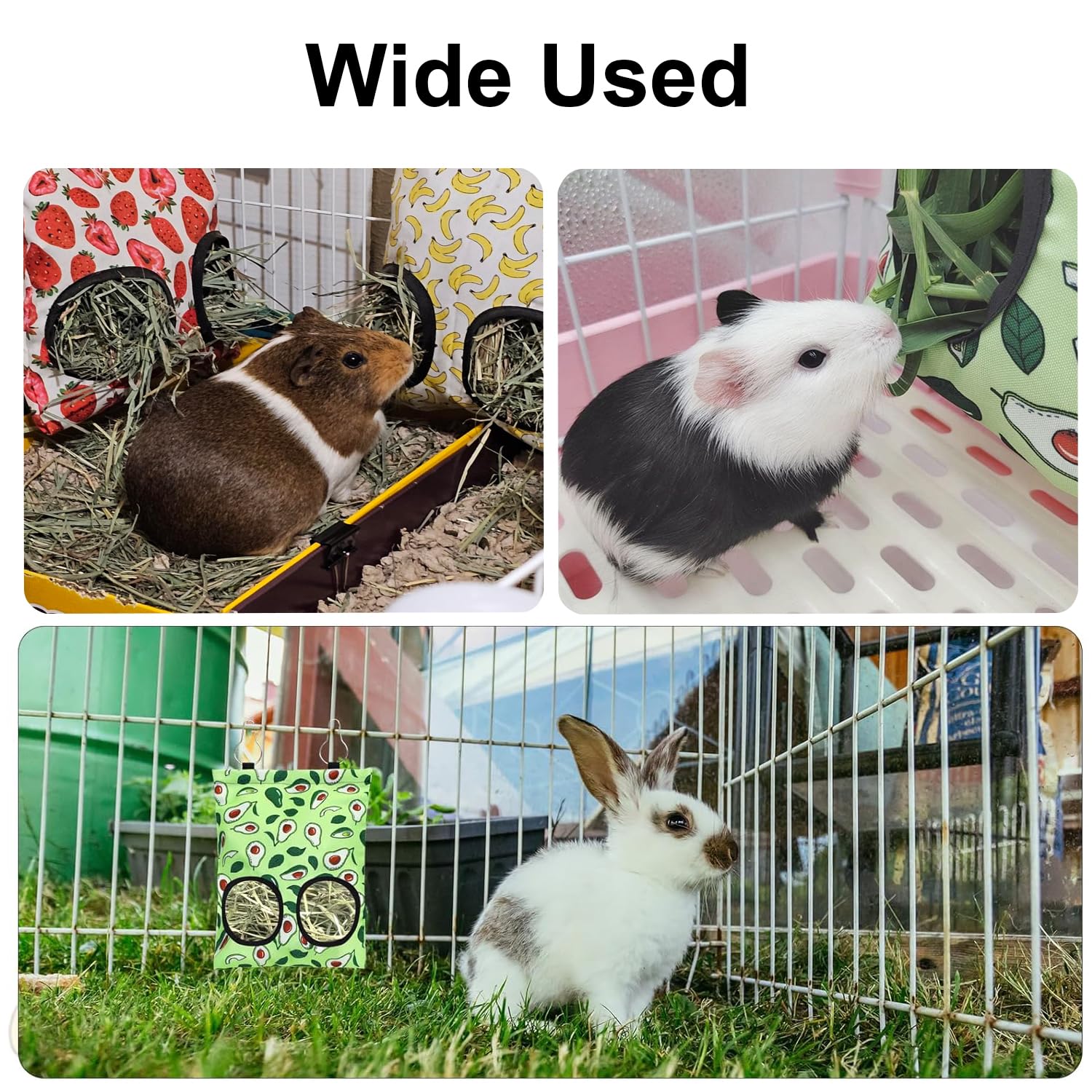 3 Pcs Rabbit Hay Feeder Bags - 2 Hole Hanging Rabbit Hay Feeder for Guinea Pigs, Chinchillas, Hamsters and Small Pets | Durable Anti-Waste Bunny Feeding Bag with Metal Hooks, Washable - image 6