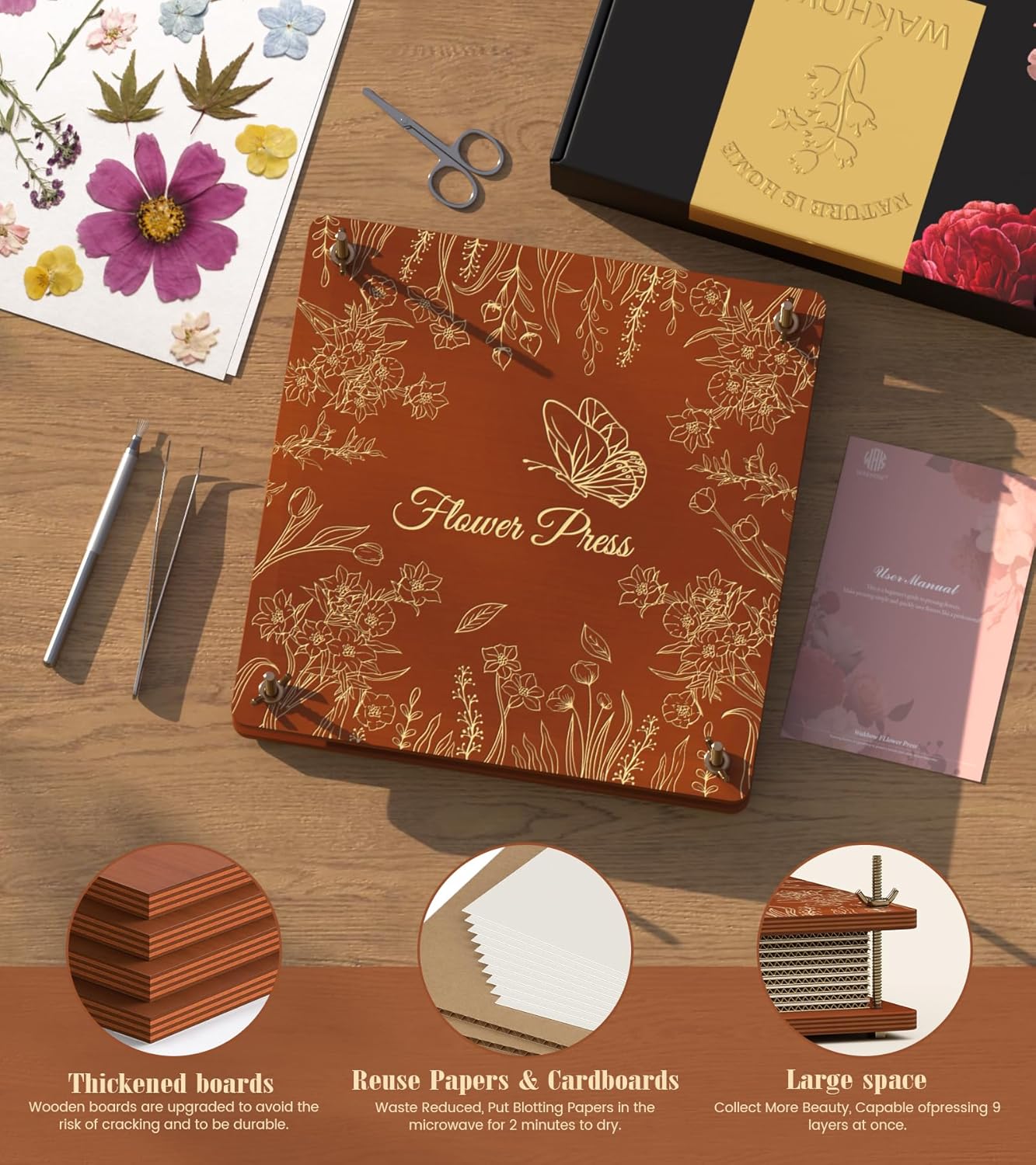 Wakhow Flower Press Kit – 11" x 11" Large Wooden Flower Presser for Adults & Teens | DIY Bouquet Preservation & Dried Flower Art | Ideal Gift for Nature & Craft Lovers（Reddish Brown）