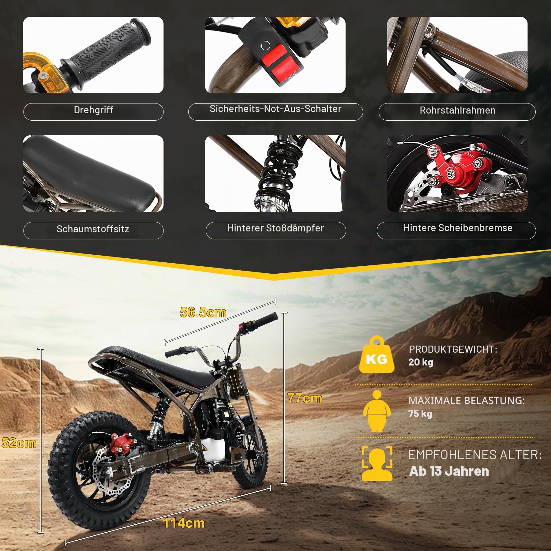 ORYXEARTH Mini-Motorrad für Kinder, 37,7 ccm, Geländemotorrad, 2 Räder für den Außenbereich, Hochleistungs-Benzinmotor, breite Off-Road-Reifen, Geschwindigkeit 25 km/h, geeignet für 14 Jahre