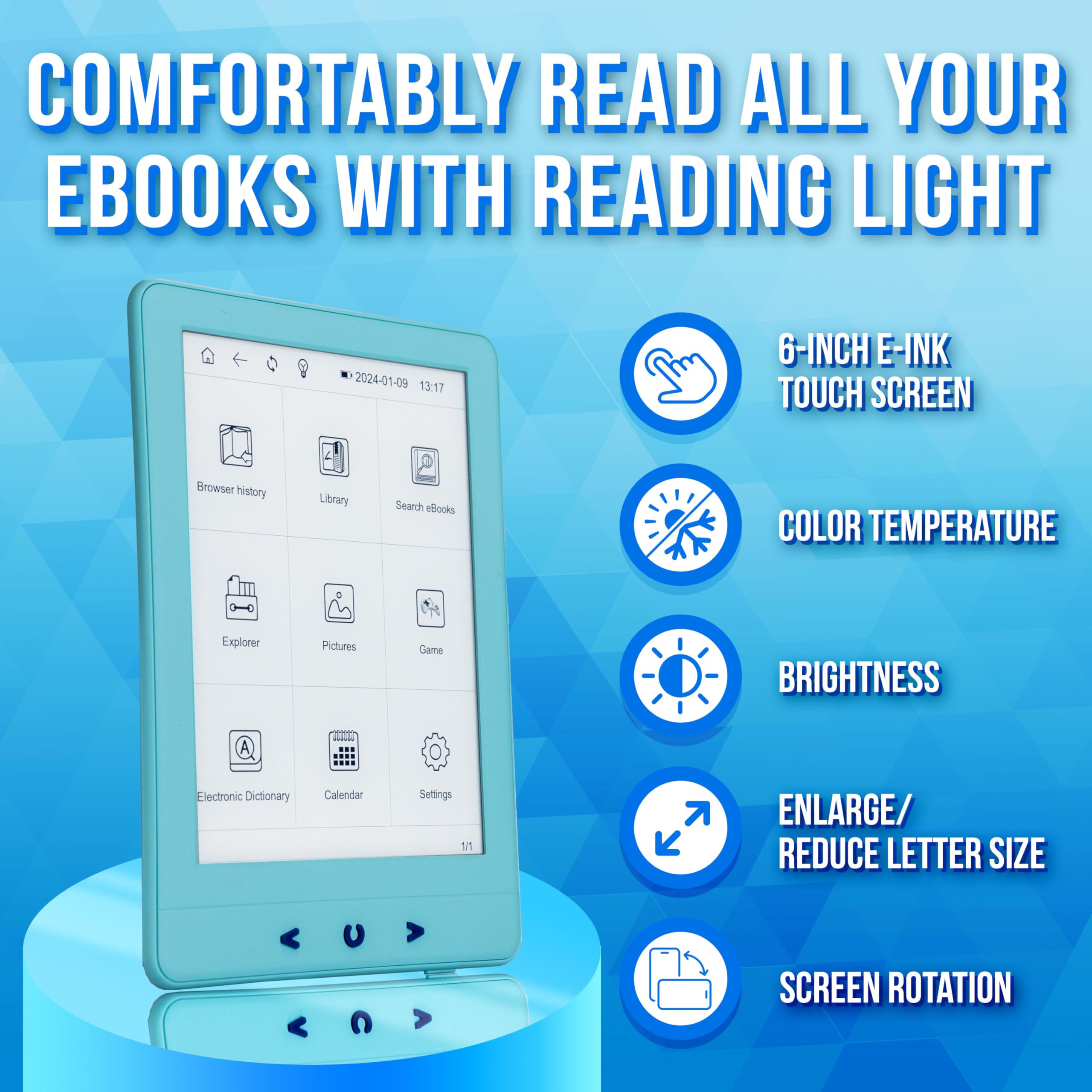 Silvergear® Czytnik eBook | Czytnik eBook z ekranem dotykowym eInk Carta 6'' | Czytnik e-booków z antyrefleksją | ze zintegrowanym podświetleniem | 4GB | Pojemność 3000 eBooków | Niebieski
