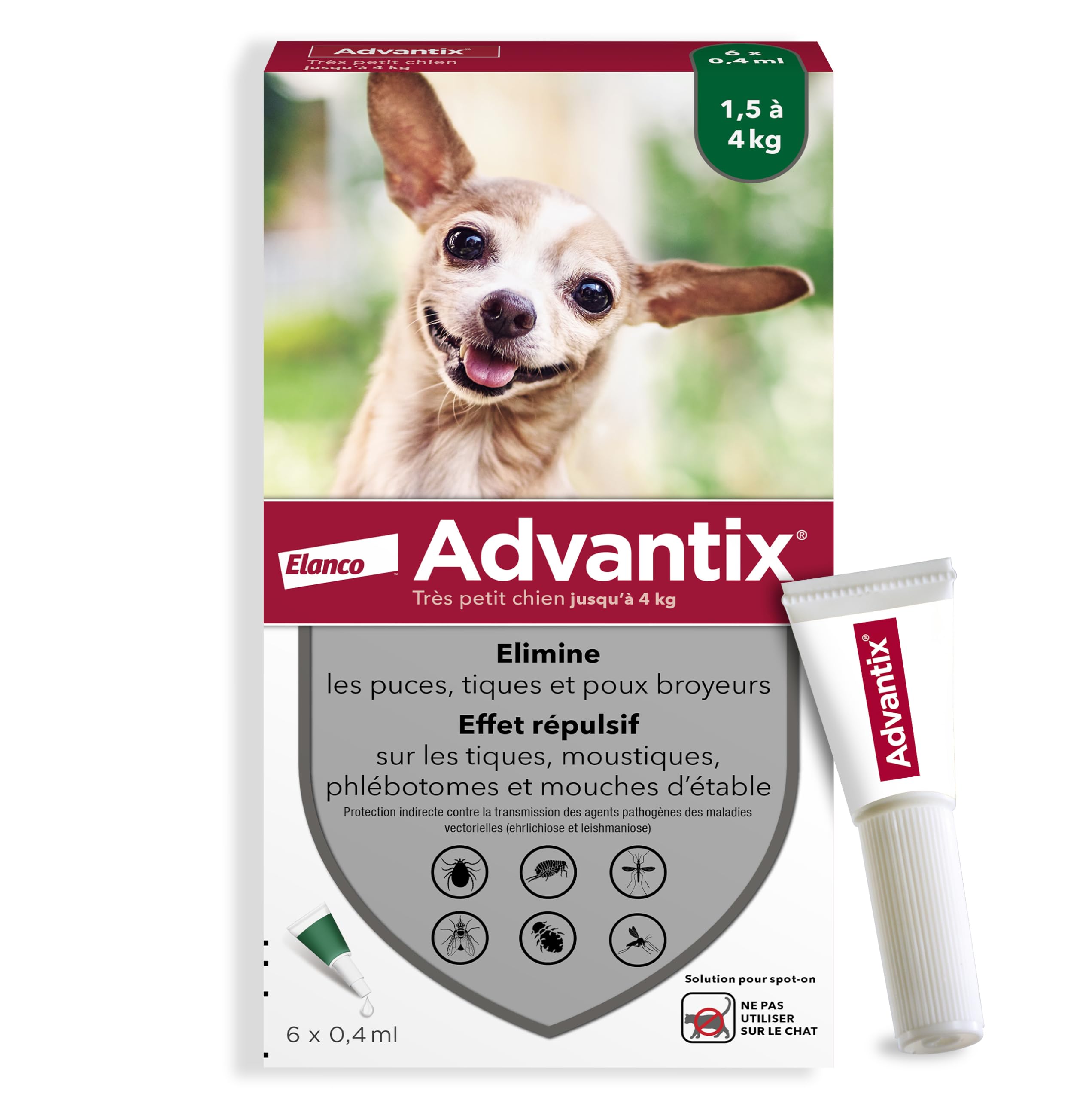 Advantix Very Small Dog Between 1.5 and 4 kg - Dog Pipettes Against 6 Parasites - Treatment and Protection for Your Pet for 4 Weeks - 6 x 1ml