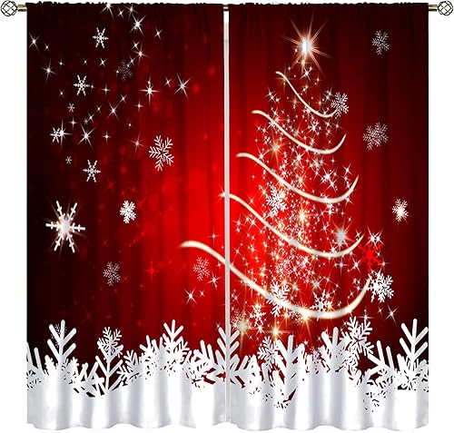 Cortinas de Feliz Navidad, árbol de Navidad con purpurina y copos de nieve para sala de estar, dormitorio, cocina, decoración de fiestas, juego de 2