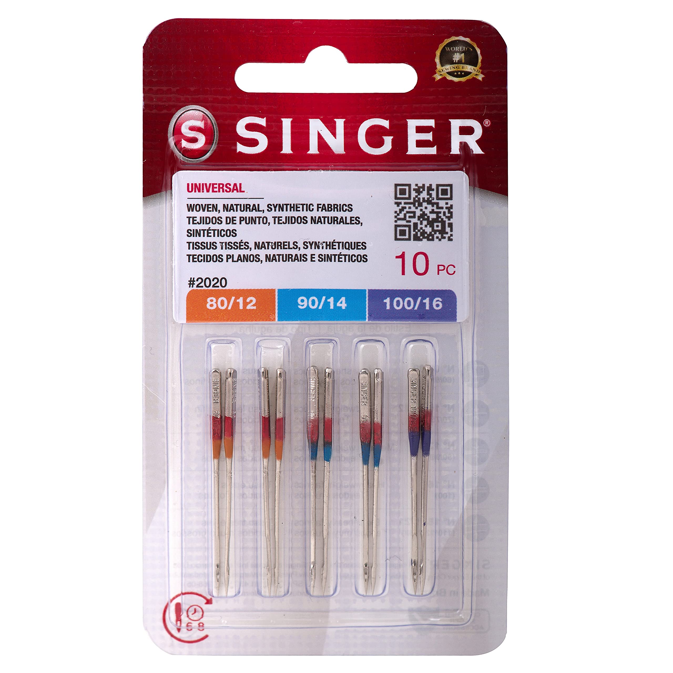 SINGER 10-Pack Universal 2020 Sewing Machine Needles, Assorted, Size 80/12, 90/14, 100/16