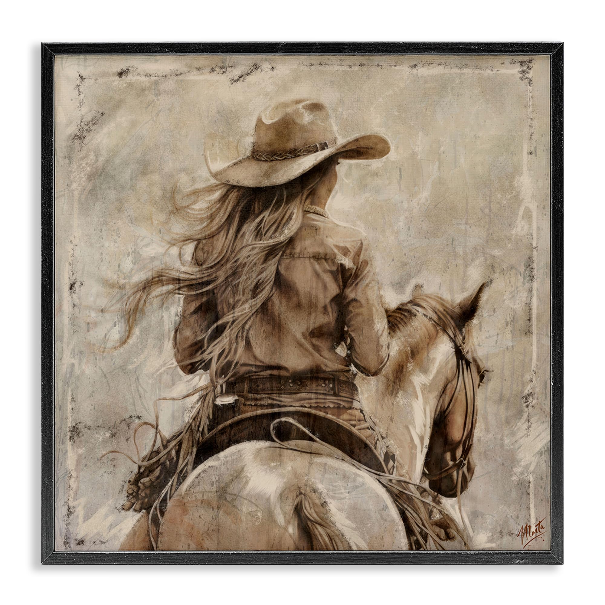 Stupell Industries Midnight Black (Textured) Windblown Cowgirl On Horseback, 12 X 12 Inch Framed Giclée Print