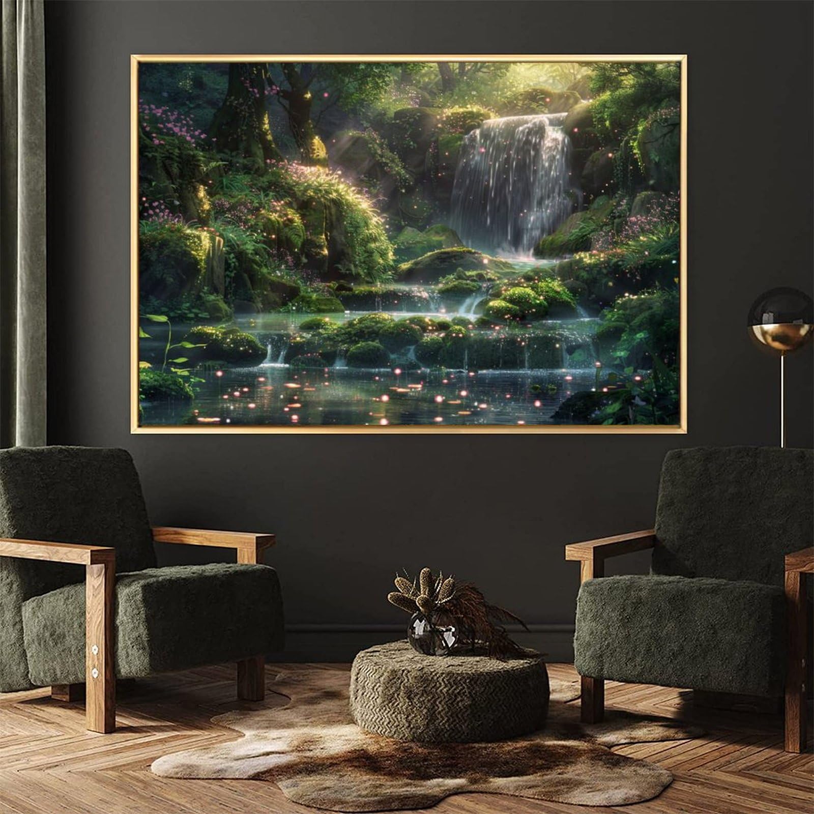 Amazon.co.jp: 絵画 苔むした岩と緑豊かな森の中の滝 アートパネル