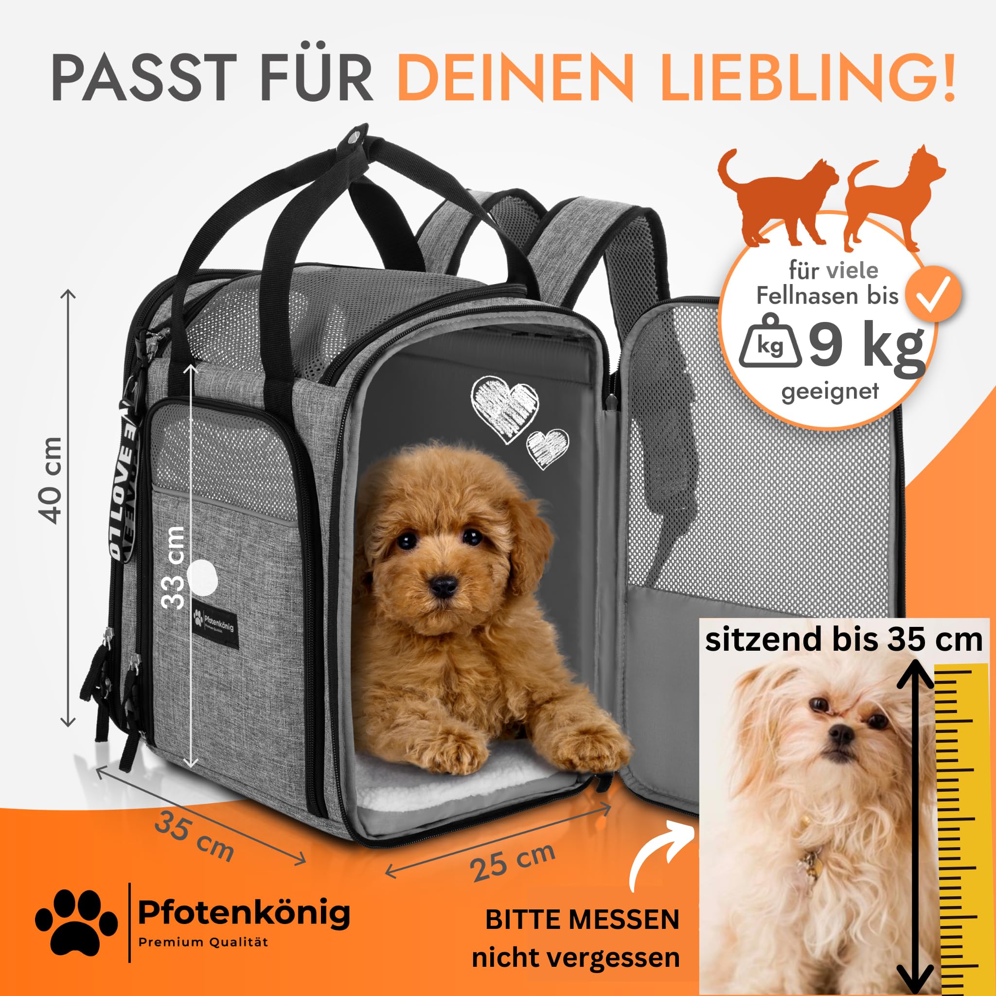 Hunderucksack - Premium [3in1] - bis 9kg - Katzenrucksack incl. Gurt - Rucksack für Hunde zum Wandern und Transport - Ideal als Wanderrucksack für Hunde nutzbar