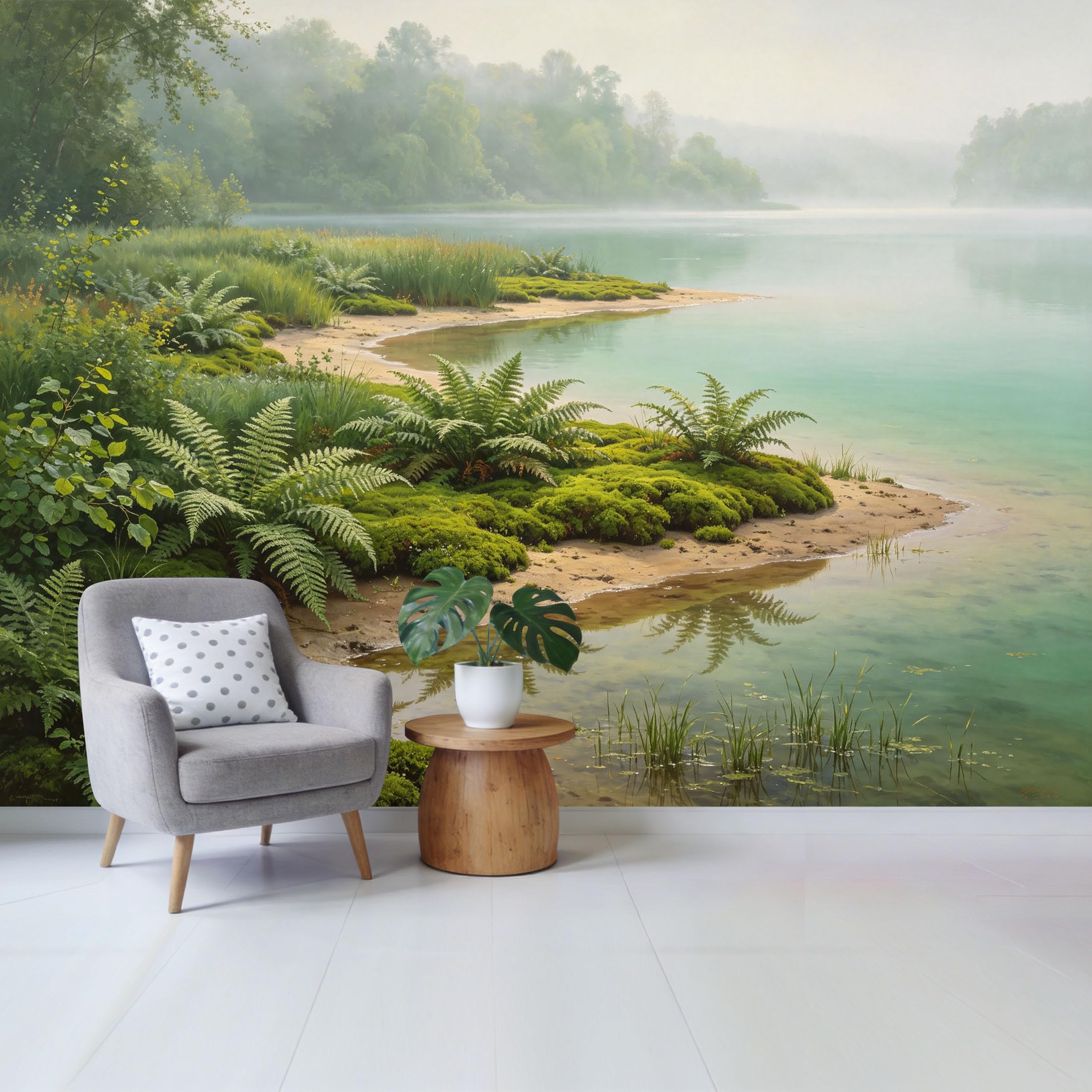 Custom Size Wall Mural Tranquil Lake Landscape with Green Ferns and Misty Forest Removable Self Adhesive Fabric Home Wall Decor for Living Room Bedroom Bathroom