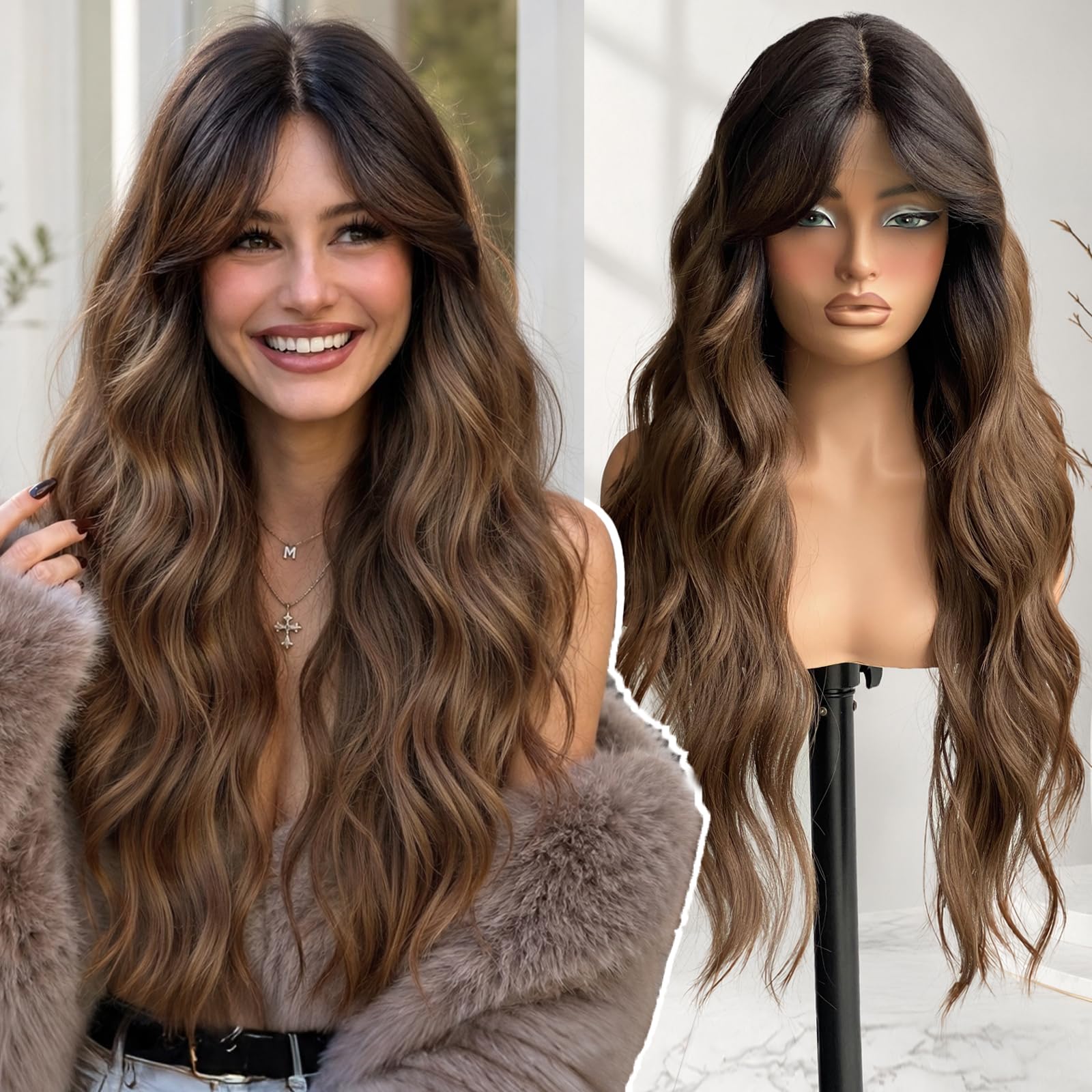KOME Ombre Brown Wavy Synthetic Lace Front Wig With Bangs for Women 28IN Ombre Brown #TT30/2761