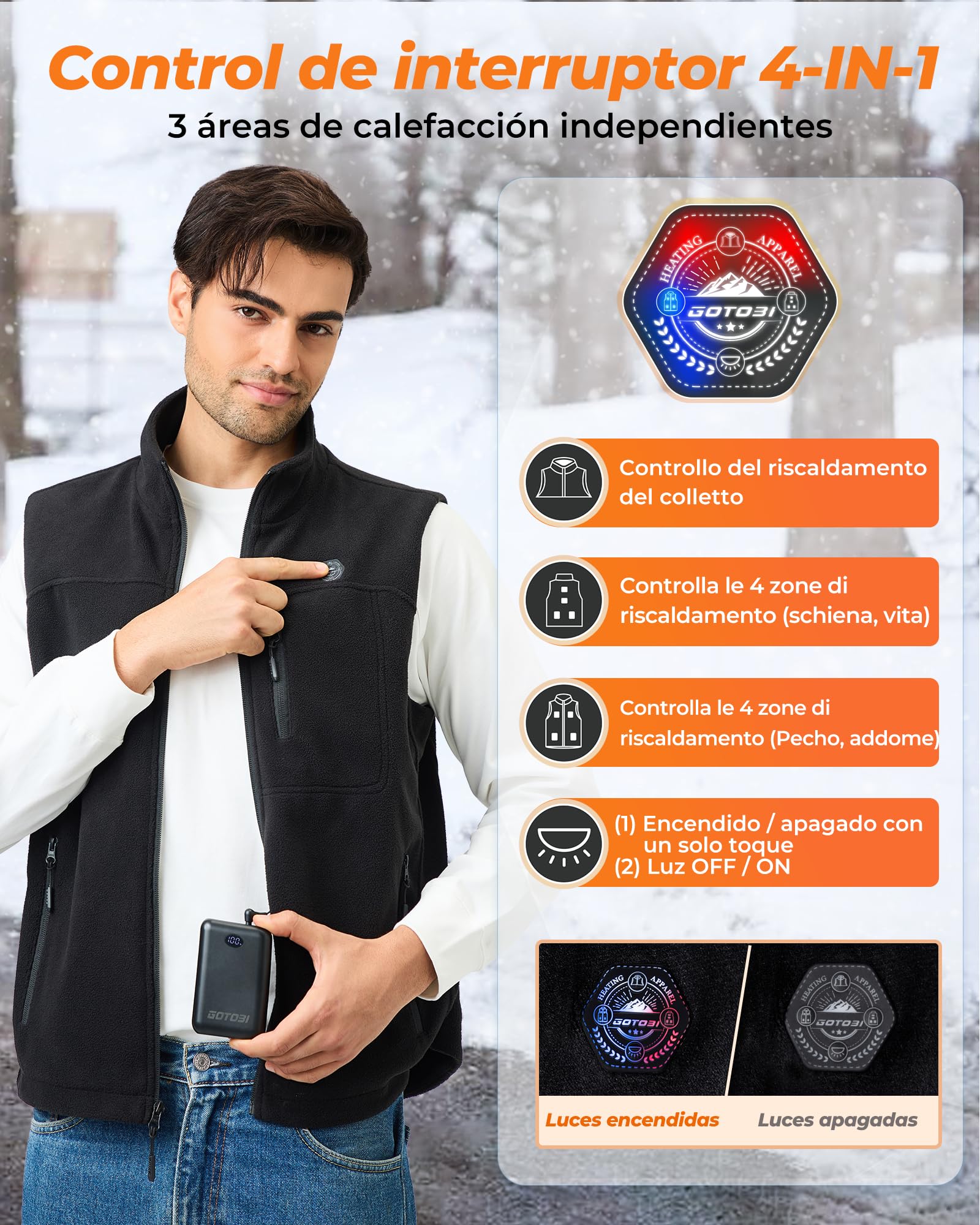 Chaleco Calefactable Hombre Lana con Bateria de 16000mAh 7,4V- Chaleco Calefactor Polar Hombre con 9 Zonas de Calefacción y 3 Temperaturas Ajustables, chaleco termico electrico para al Aire | 16000mAh 7.4V Batería, chaleco térmico para hombre para viajes