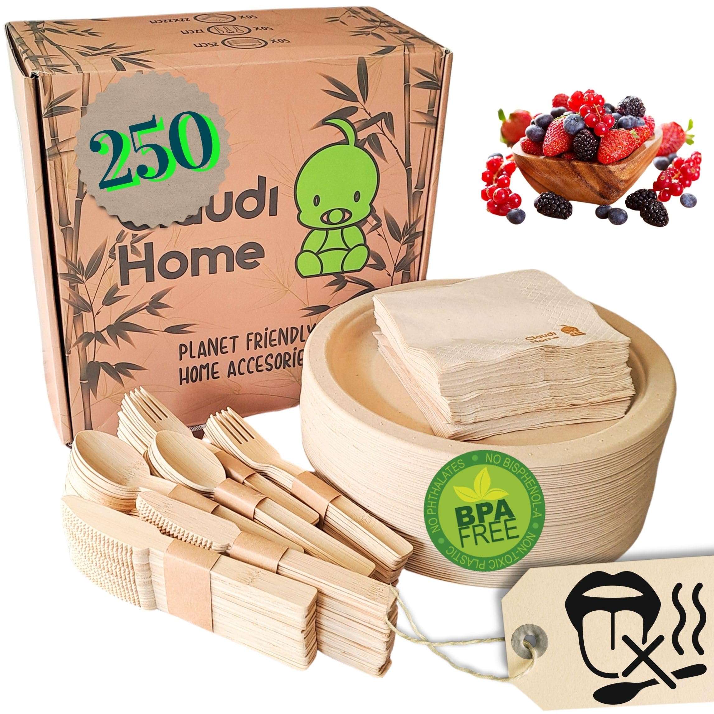 Stoviglie usa e getta compostabili 50 ospìti. Bambù ecologico- 250 pezzi (Piatto 25cm, Forchetta/Coltello/Cucchiaio 16cm, Tovagliolo 26cm) Picnic, barbecue, festa, compleanno. @Claudi Home