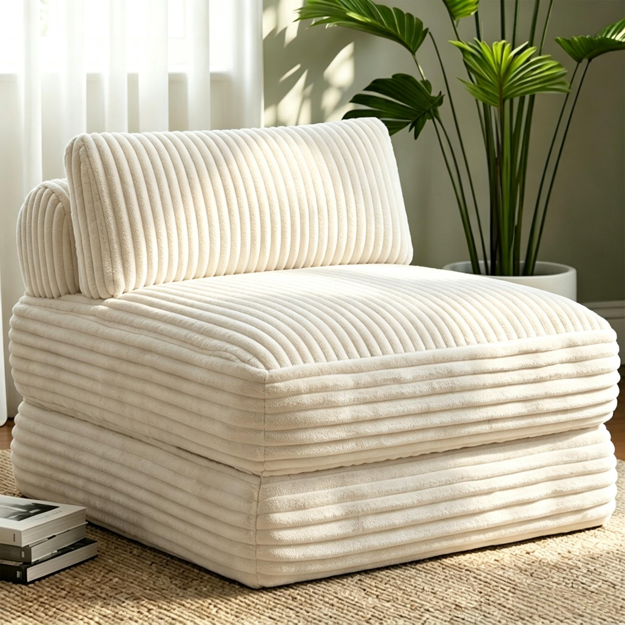 Welzona Folding Sofa Bed, Corduroy Chair Bed Single Adult, Futon Bed, Beige