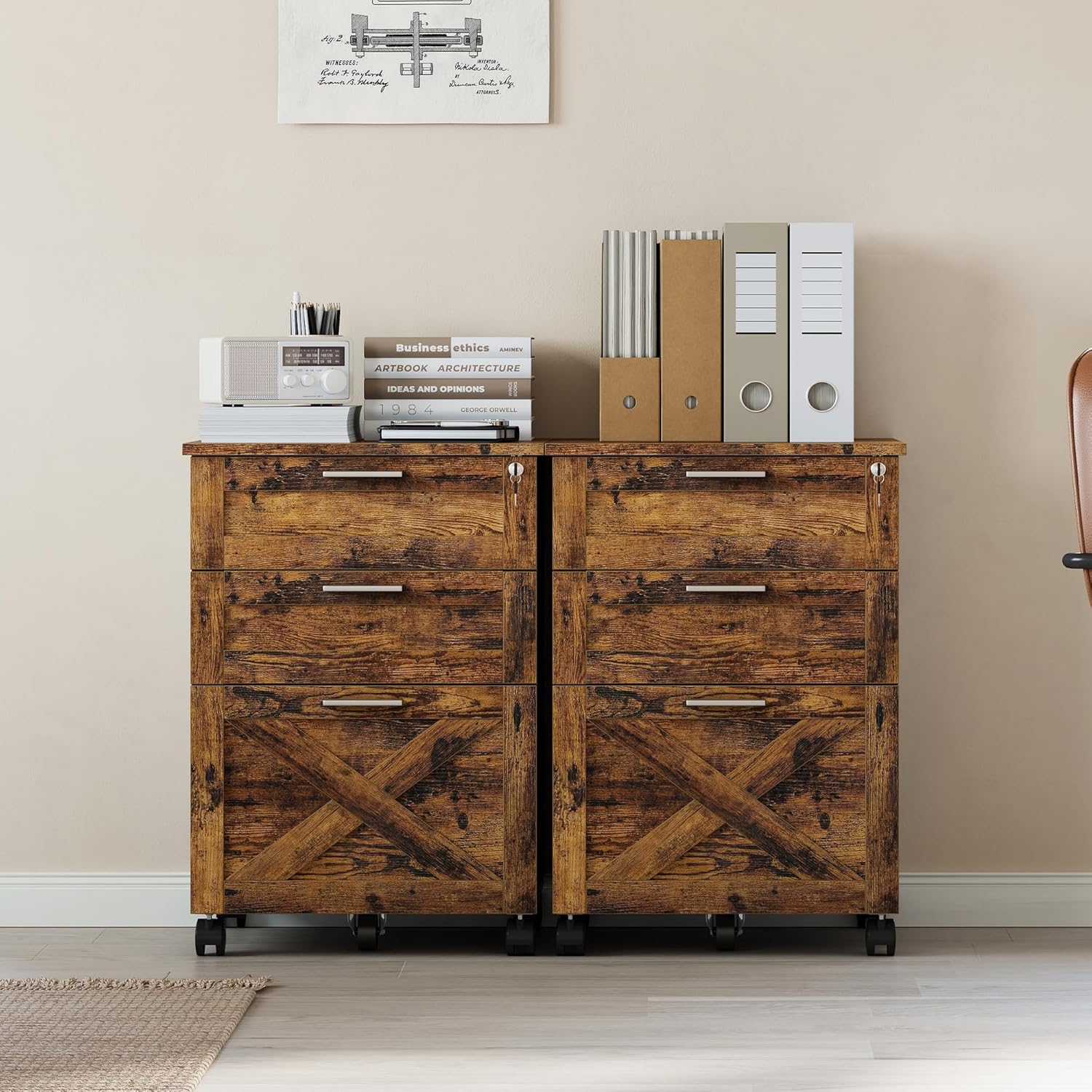 3-Drawer File Cabinet with Lock, Mobile Under Desk Filing Cabinet, Wood Storage Organizer for Letter/A4/Legal Size Documents, Home Office
