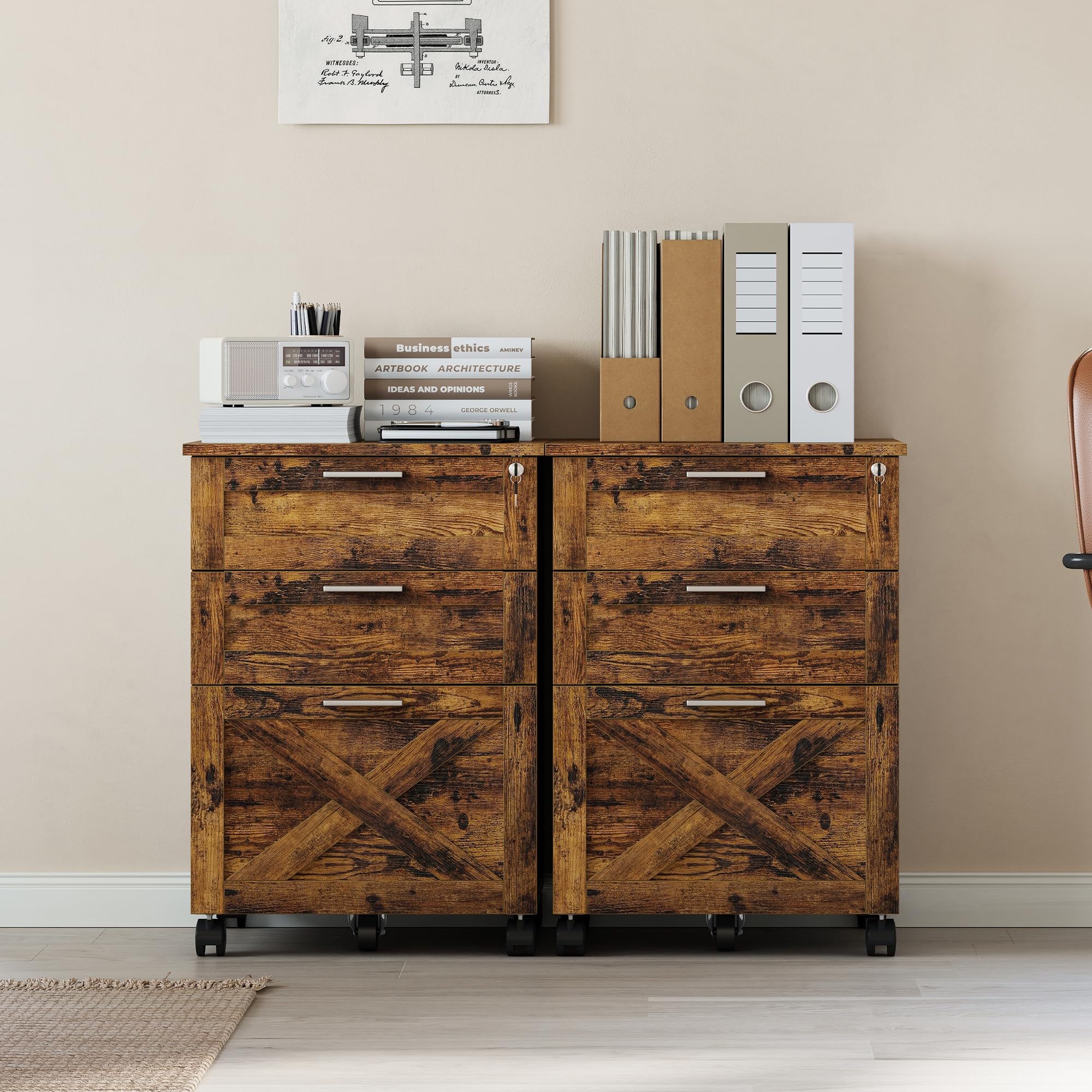 Garvee Aktenschrank,Rollcontainer,Büroschrank,mit 3 Schubladen,Abschließbar,Büro-Aktenschrank mit Hängeregisterfach - 48 x 40 x 68 cm,Rustikales Braun