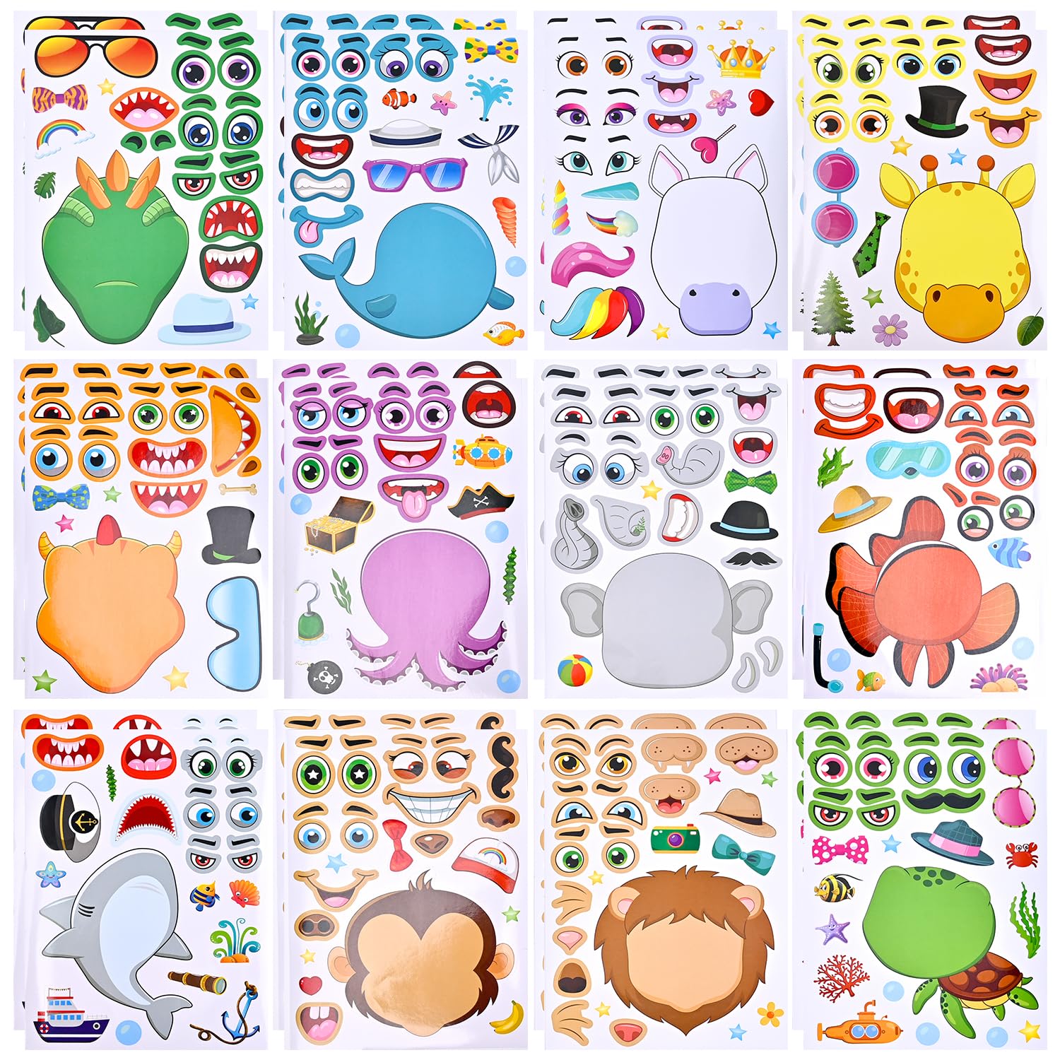 24 Sheets Animal Face Stickers Make Your Own Face Party Favor DIY Craft Activity Set 12 Animal Themes Mix Match Creative Gift Birthday Party Supplies