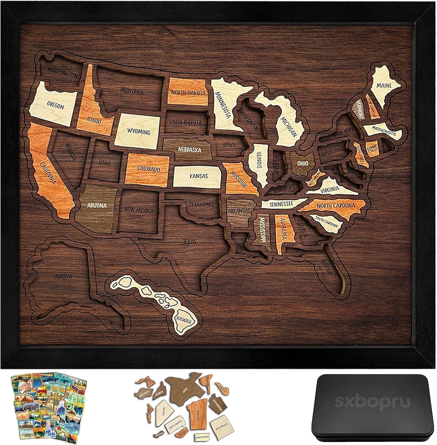 Wooden USA Travel Map Puzzle, 12 * 10in US Travel Map Puzzle Frame for Track Your Journey & Memories with Elements Sticker Rv Vacations Home Classroom Wall Art Home Decor for Couple Family(1set)