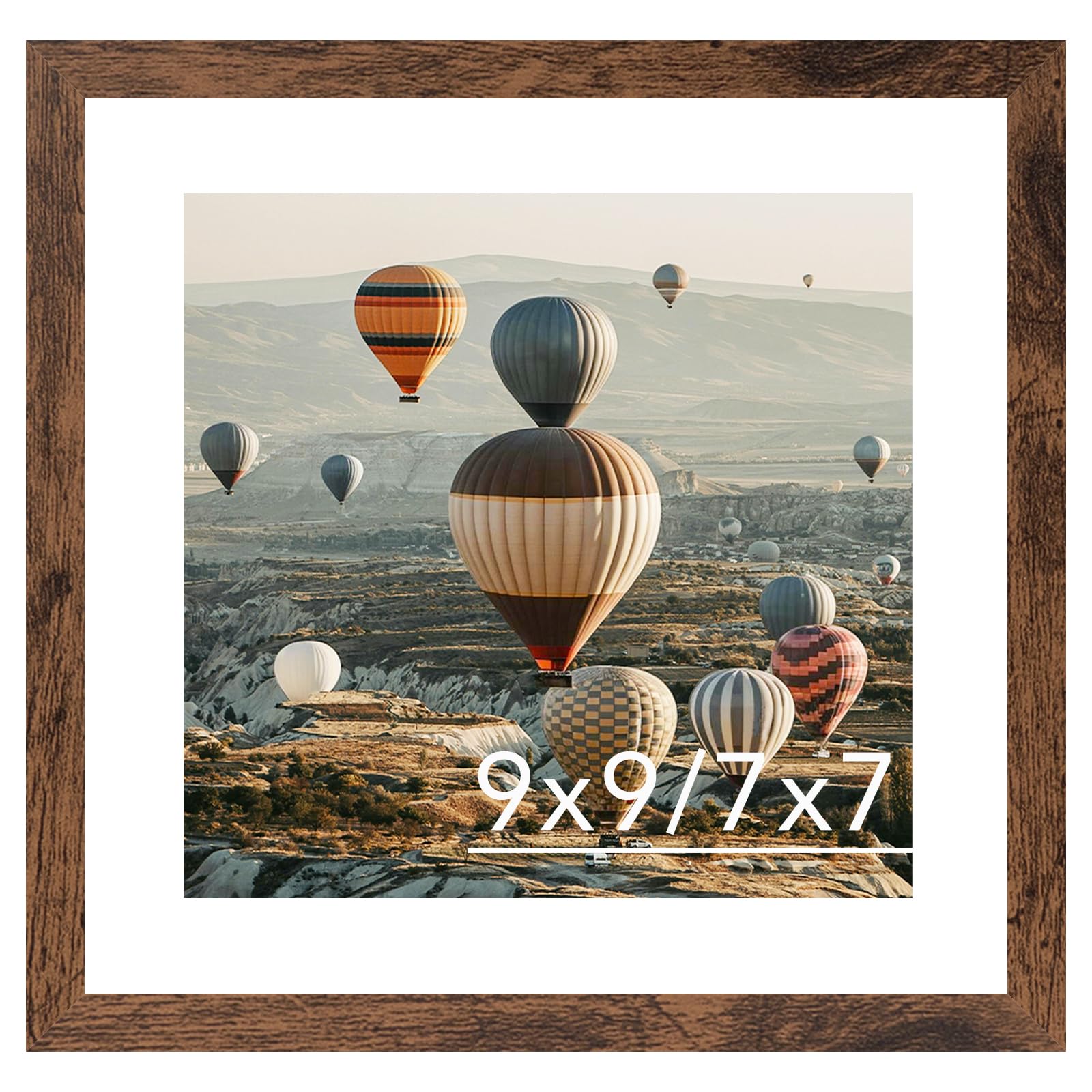 9x9 Picture Frame with Mat, Display 7x7 with Mat or 9 x 9 without Mat, Wood Square 9 by 9 Photo Frames for Wall Hanging or Tabletop, 1 Pack, Deep Brown